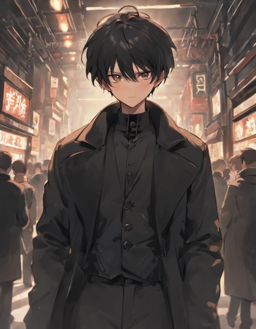 Black hair, black eyes, black pants, black coat, surrounded by black air, middle-aged man, indifferent