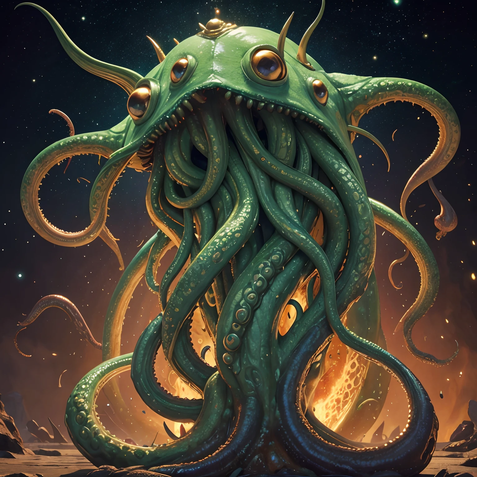 A lovecraftian horror,Cthulhu,destroying your mind,glow effects,godrays,Hand drawn,render,8k,octane render,cinema 4d,blender,dark,atmospheric 4k ultra detailed,cinematic,Sharp focus,big depth of field,Masterpiece,colors,3d octane render,4k,concept art,trending on artstation,hyperrealistic,Vivid colors,extremely detailed CG unity 8k wallpaper,trending on CGSociety,Intricate,High Detail,dramatic,