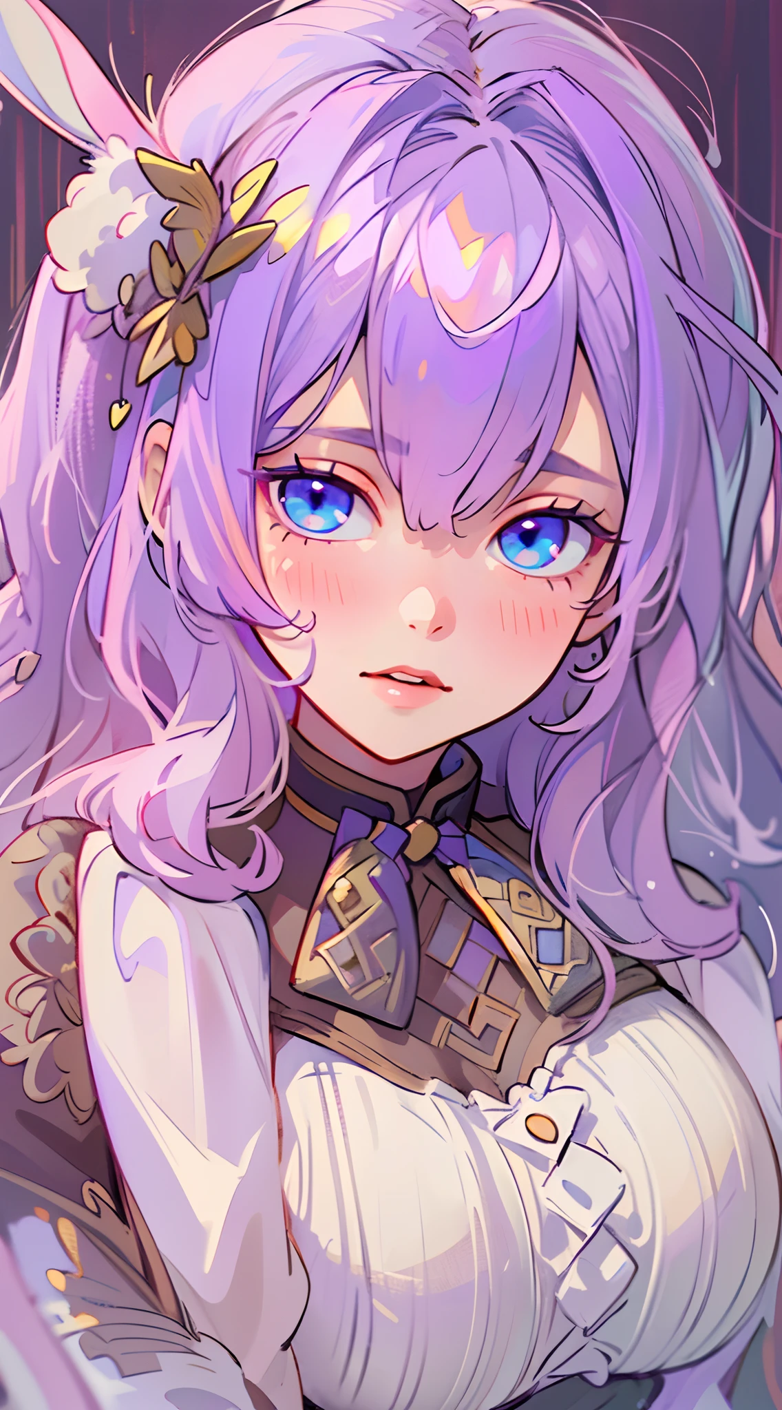 (masterpiece), (best quality), (high commission), girl with rabbit ears, long light lavender hair, short, large breasts, wide hips, blue eyes, pleated skirt, thigh-high stockings, knee-high boots, cute blouse, sweet face, elegant, kind, soft, portrait from waist up