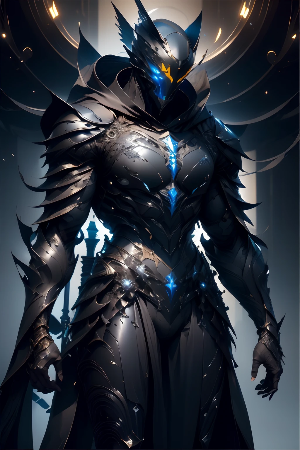 ​masterpiece、top-quality、futuristic design、Black armor suit with the image of a marlin and black western armor、Clenching an elongated sword、The upper part of the body、watching at viewers、Front view、upper body close - up、Suit in black armor、blue cloak、Sword-wielding posture、Background is night forest