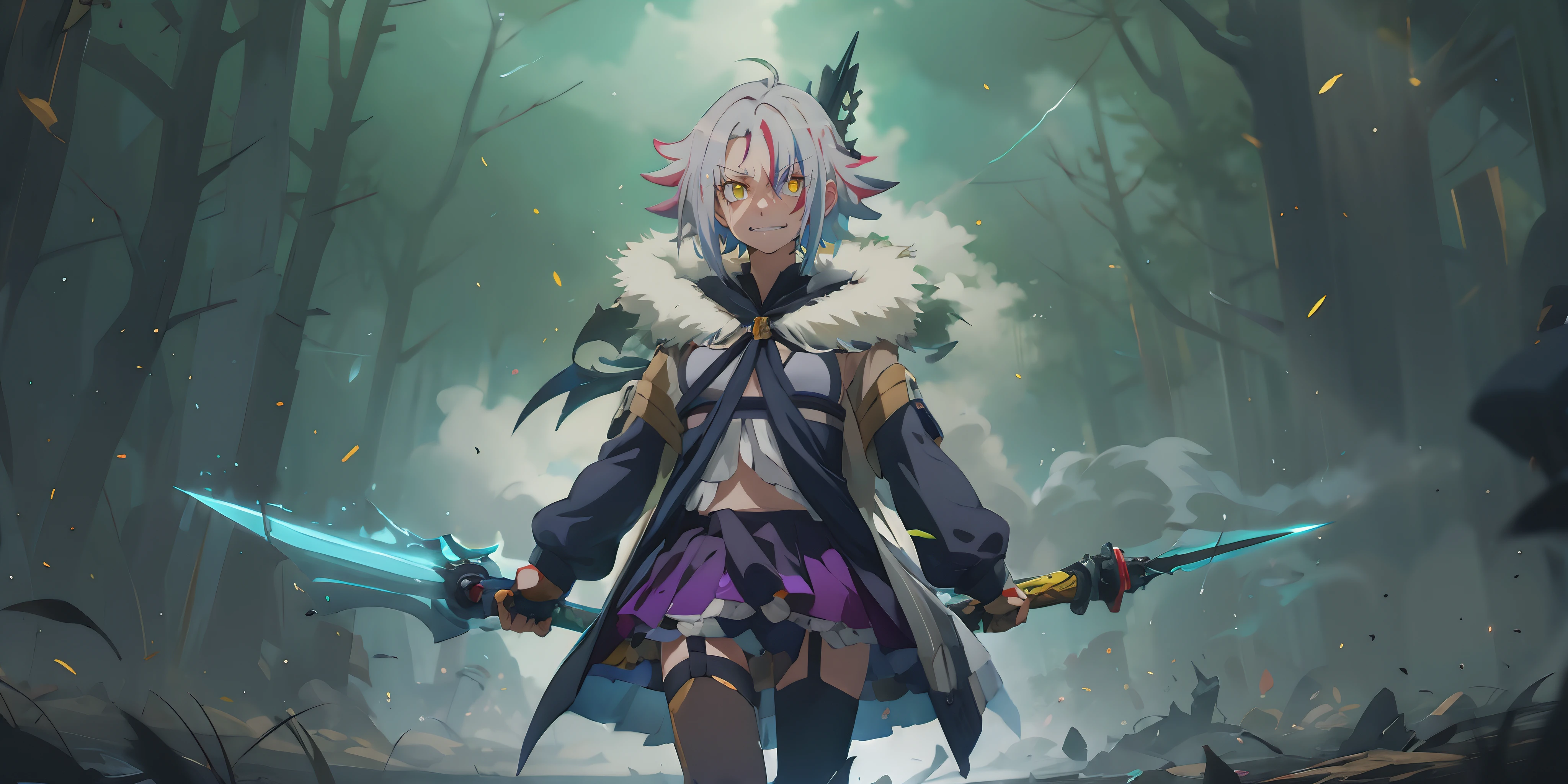 1girl, sword, holding, weapon, solo, gloves, holding_weapon, standing, holding_sword, thighhighs, black_legwear, looking_at_viewer, outdoors, long_sleeves, breasts, wide_sleeves, garter_straps, dual_wielding, coat, medium_breasts, night, black_capelet, white_jacket, blurry_background, black_shirt, black_skirt, open_coat, short_shorts, shorts, "glow effects, godrays, Hand drawn, render, 8k, octane render, cinema 4d, blender, dark, atmospheric 4k ultra detailed, cinematic, Sharp focus, big depth of field, Masterpiece, colors, 3d octane render, 4k, concept art, trending on artstation, hyperrealistic, Vivid colors, extremely detailed CG unity 8k wallpaper, trending on CGSociety, Intricate, High Detail, dramatic", anime coloring, anime screencap, sweating, steaming body, fog