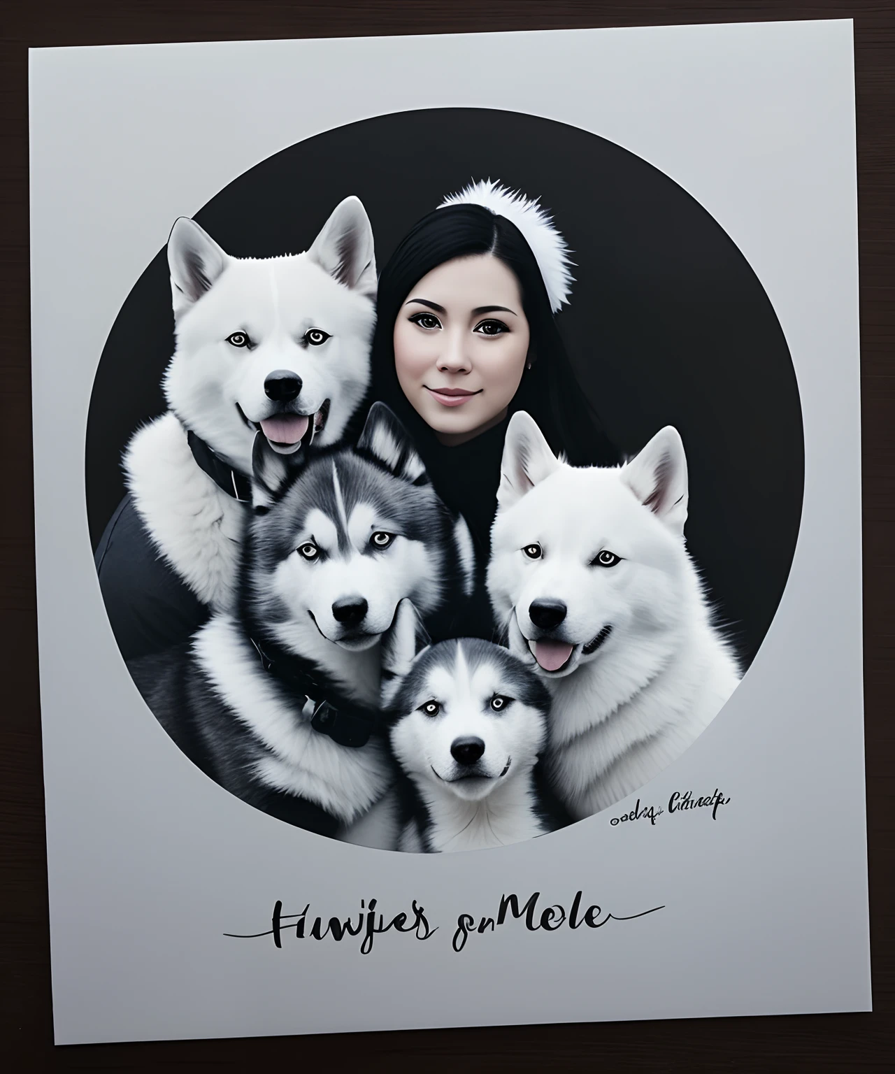 draw a family portrait with 3 people and a white husky in the center