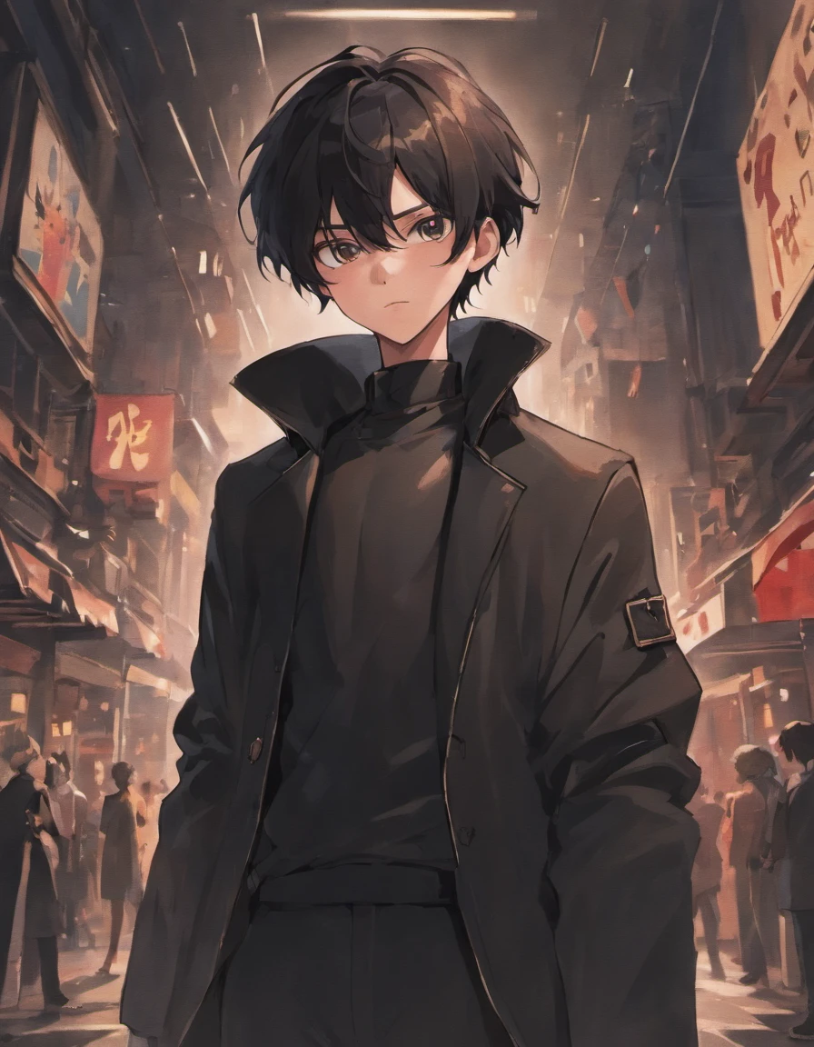 Black hair, black eyes, black pants, black coat, black air around him, indifference