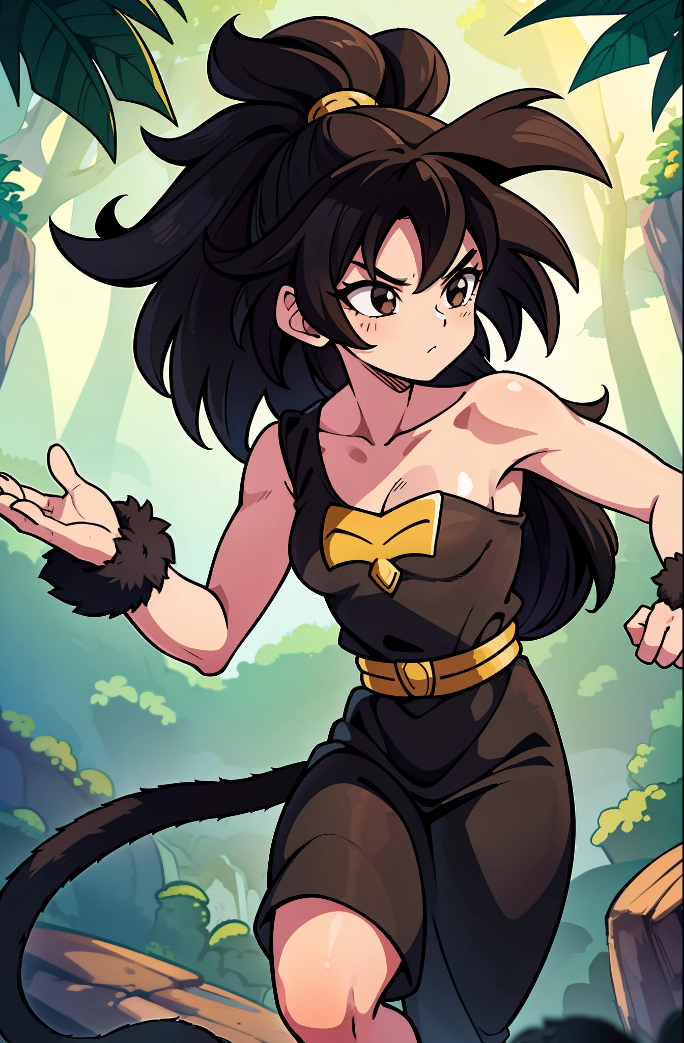 (masterpiece, best quality, detailed face, detailed eyes), black eyes, 1girl, Saiyaness, 1girl, Saiyan monkey tail, black hair, long wild spiky hair, Shoulder less Gi, brown sash belt, very dark brown short tights, very dark brown wrist bands, small tufts of fur on top of feet, barefoot, (side view), Saiyaness, a cartoon character with black hair, lashing Saiyan monkey tail, Saiyaness with a monkey tail, hair tied, long wild spiky hair, hair over shoulders, mane of hair down back, (walking in a jungle like paradise)