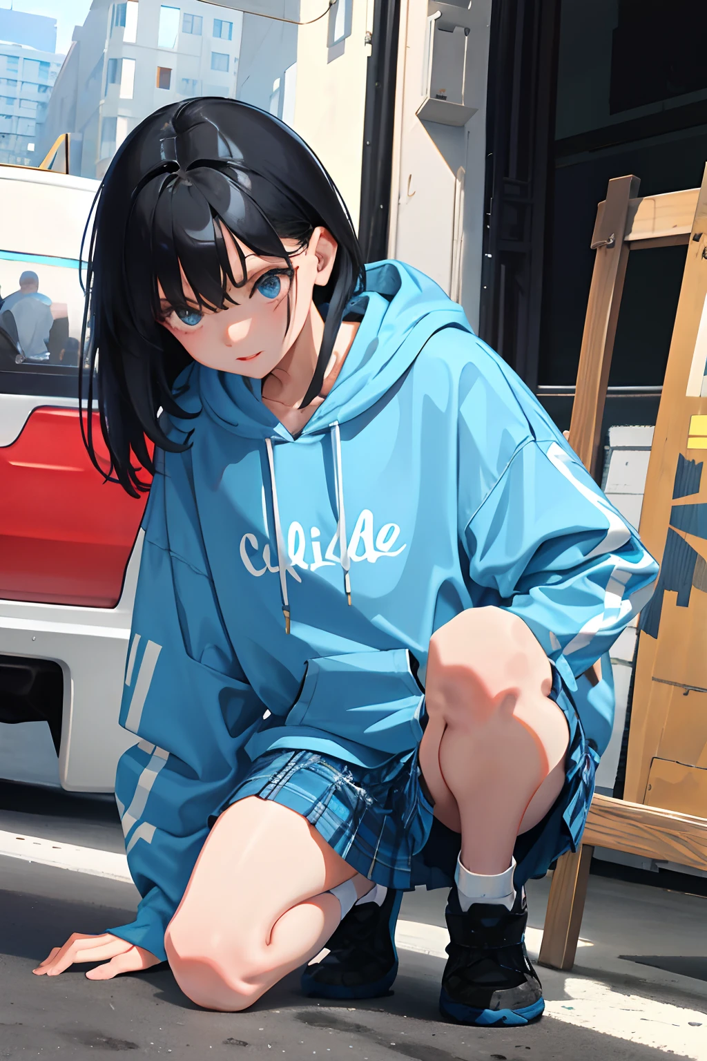 crouching down，child，（​masterpiece，Highest Quality），Light blue hoodie，plaid skirts，Short sleeved black hair