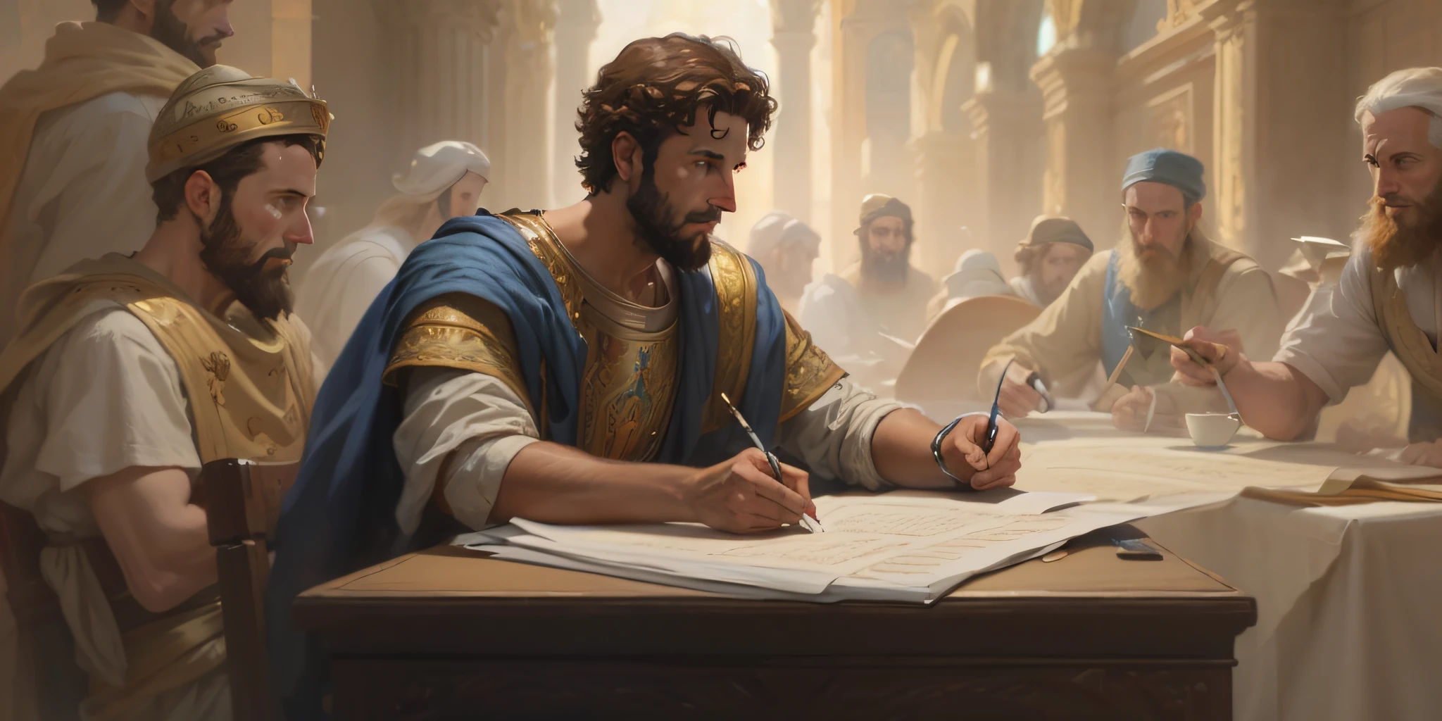 arafed painting of a man writing a letter at a table, jon mcnaughton, academic painting, bible illustration, master illustration, by Kerembeyit, biblical art style, by Jason Felix, magali villeneuve', artstation masterpiece, graphic artist magali villeneuve, by Adam Marczyński, biblical art, by Daniel Seghers
