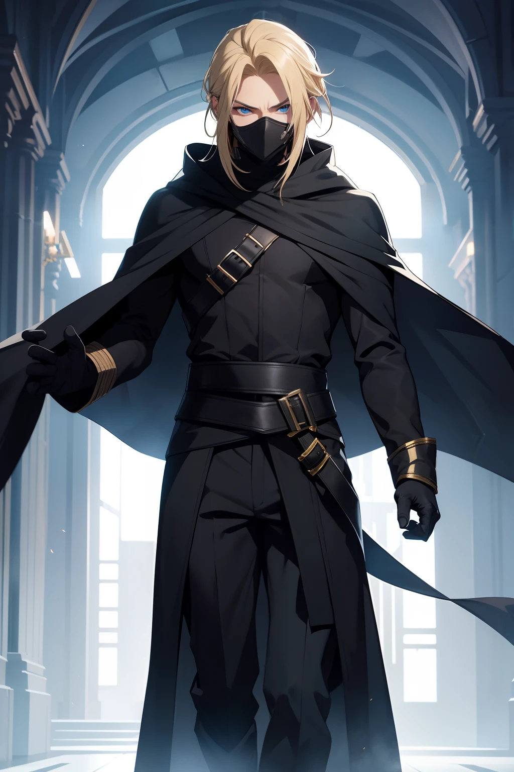 solo male, black robes, black pants, black gloves, black hood, golden mask, mage, blonde hair, blue eyes