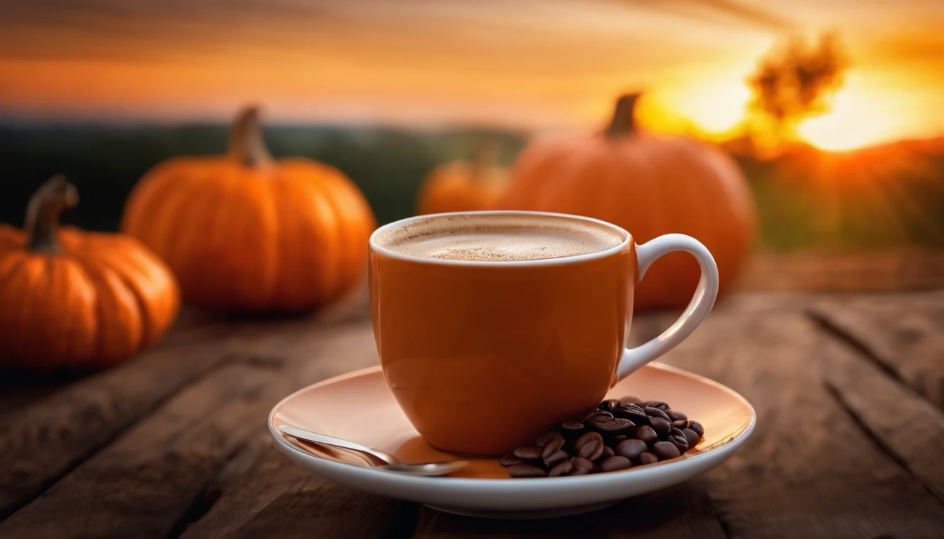 a cup of coffee in the morning, sunrise, pumpkin, blur background, sharpen image