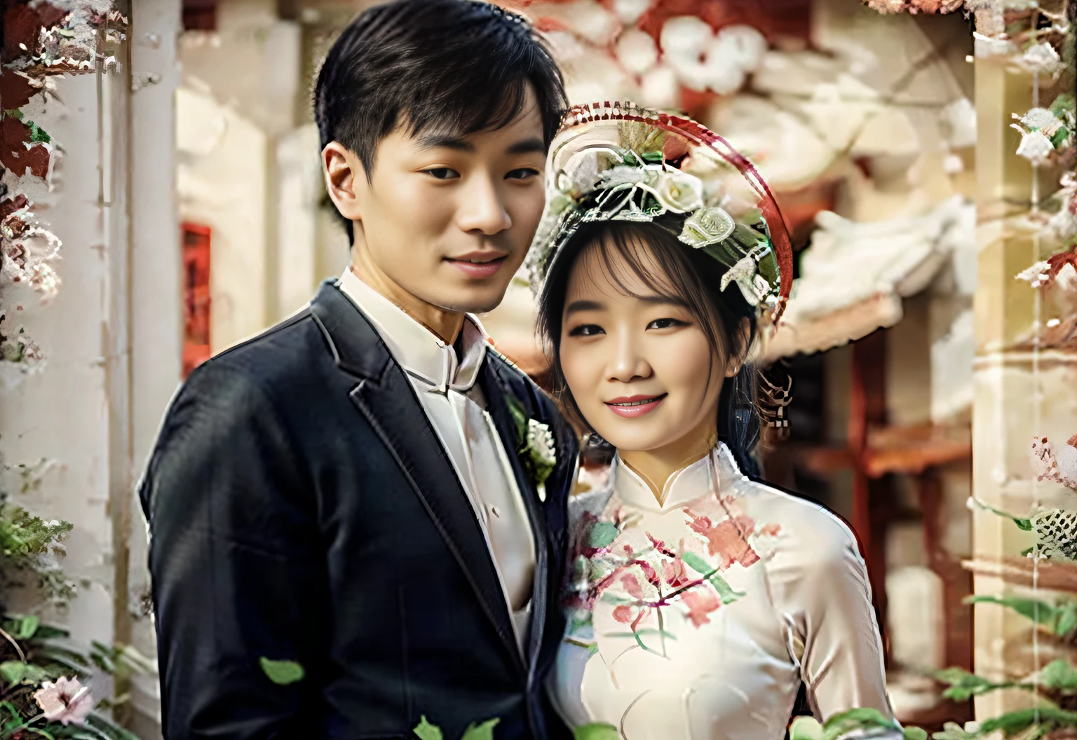 there is a man in white vest and woman red dress posing for a picture together, wedding photo, phuoc quan, lovely couple, happy couple, phong yintion j - jiang geping, hoang long ly, restored photo, ao dai, 3 5 mm portrait, do hoang tuong artwork, couple, ruan jia and fenghua zhong