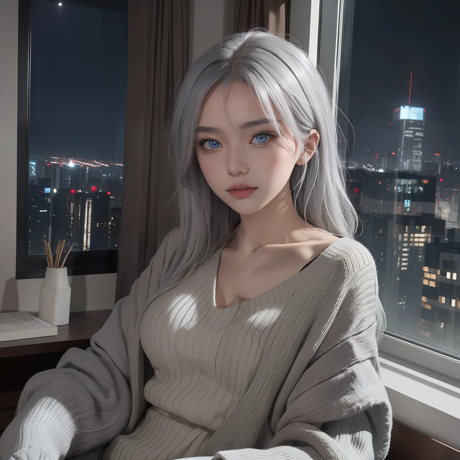 (Masterpiece), Best quality, Cyan eyes, light grey hair, Expressive eyes, Hohaya, Sitting in an apartment room on a high floor, Night sky, City landscape, view the viewer, City lights, window, Highlight, dramatic lights, Calm face,