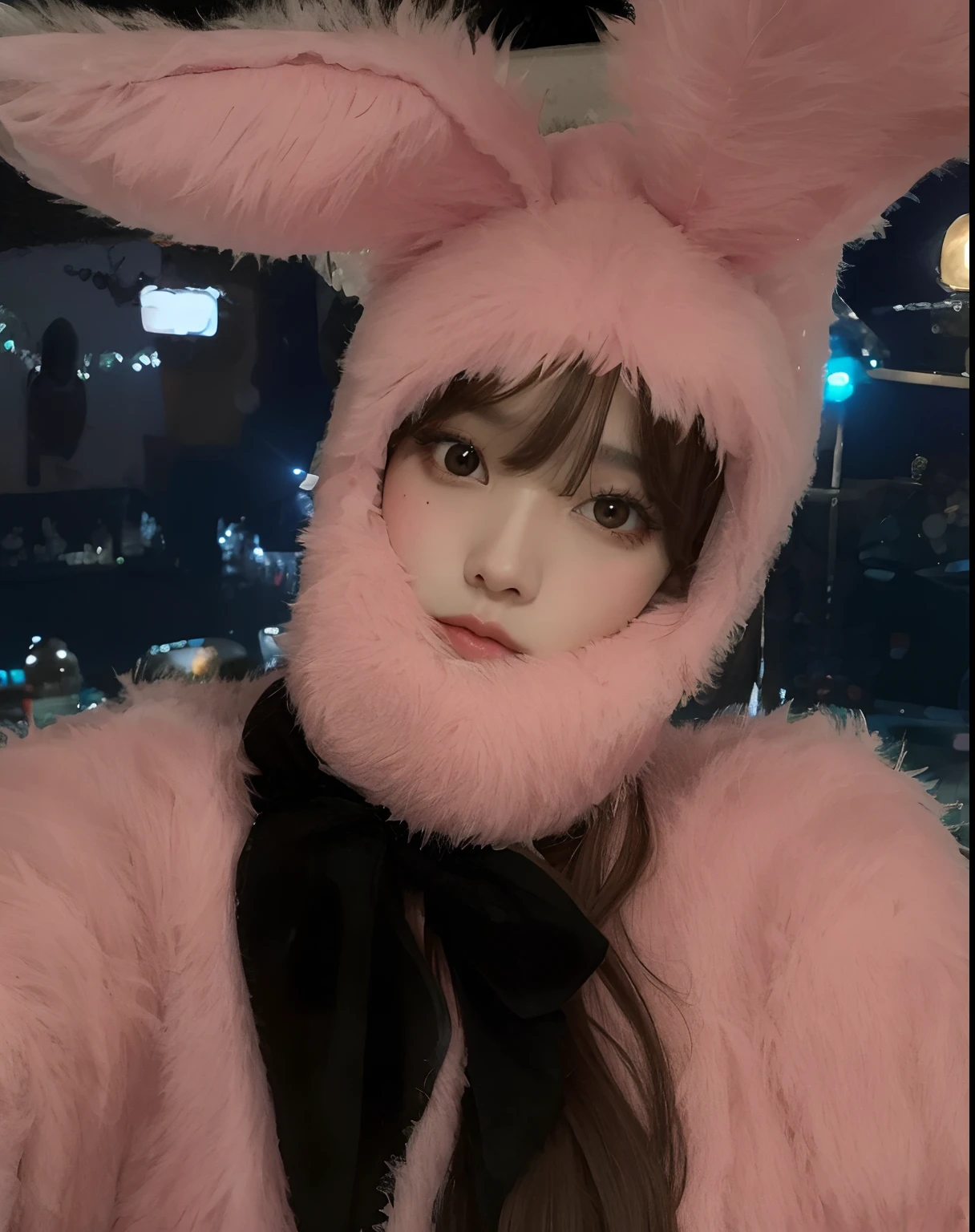 Araffe wearing a pink furry bunny costume with a black scarf, vestindo um terno de coelho, vestindo uma fantasia de coelho rosa, terno de coelho, Lalisa Manoban do Blackpink, Lalisa Manobal, with long floppy rabbit ears, tzuyu de duas vezes, com orelhas de coelho, o coelhinho tem pelo rosa, Jisoo do Blackpink, jossi do blackpink