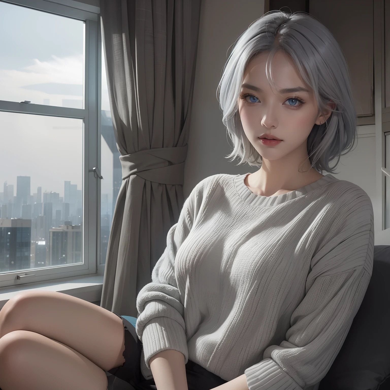 (Masterpiece), Best quality, Cyan eyes, light grey hair, Expressive eyes, Hohaya, Sitting in an apartment room on a high floor, Night sky, City landscape, view the viewer, City lights, window, Highlight, dramatic lights, Calm face,