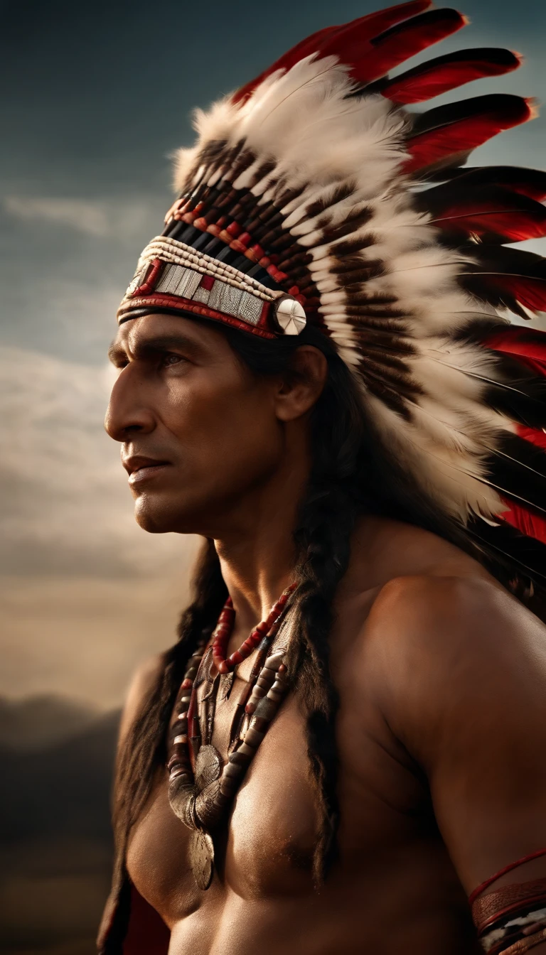 A hyperrealistic cinematic image of a native Indian with feathers on his head, riding horse, Arte nativa americana, Indian warrior, Nativo americano, Guerreiro nativo americano, Arte nativa, Um guerreiro nativo americano, indigenous man, eagle feather, Guerreiro habilidoso do Apache, warrior spirit, american indian headdress, indigenous art: native american shamen fantasy, Indigenous, native american folk art, Fotografia de arte indianarrealista, fotografia, obra-prima, realista, Realismo, renderizado, Alto contraste, digital art photography trend in Artstation 8k HD high definition detailed realistic,  detalhado, textura da pele, hiper detalhado, textura de pele realista, armadura, melhor qualidade, ultra-high-resolution (fotografiarrealista: 1.4), alta resolução, detalhado, Calado bruto, sharp red, por lee jeffries Nikon D850 Filme Fotografia de Stock 4 Kodak Portra 400 Lente F1.6 Rich Colors Realistic Texture Dramatic Texture Dramatic Lighting Irrealengine Trend on Artstation Cinestill 800