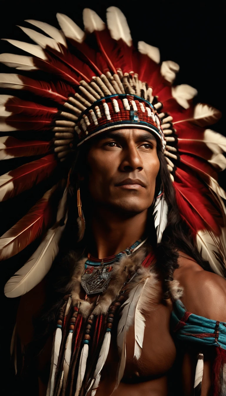 A hyperrealistic cinematic image of a native Indian with feathers on his head, riding horse, Arte nativa americana, Indian warrior, Nativo americano, Guerreiro nativo americano, Arte nativa, Um guerreiro nativo americano, indigenous man, eagle feather, Guerreiro habilidoso do Apache, warrior spirit, american indian headdress, indigenous art: native american shamen fantasy, Indigenous, native american folk art, Fotografia de arte indianarrealista, fotografia, obra-prima, realista, Realismo, renderizado, Alto contraste, digital art photography trend in Artstation 8k HD high definition detailed realistic,  detalhado, textura da pele, hiper detalhado, textura de pele realista, armadura, melhor qualidade, ultra-high-resolution (fotografiarrealista: 1.4), alta resolução, detalhado, Calado bruto, sharp red, por lee jeffries Nikon D850 Filme Fotografia de Stock 4 Kodak Portra 400 Lente F1.6 Rich Colors Realistic Texture Dramatic Texture Dramatic Lighting Irrealengine Trend on Artstation Cinestill 800