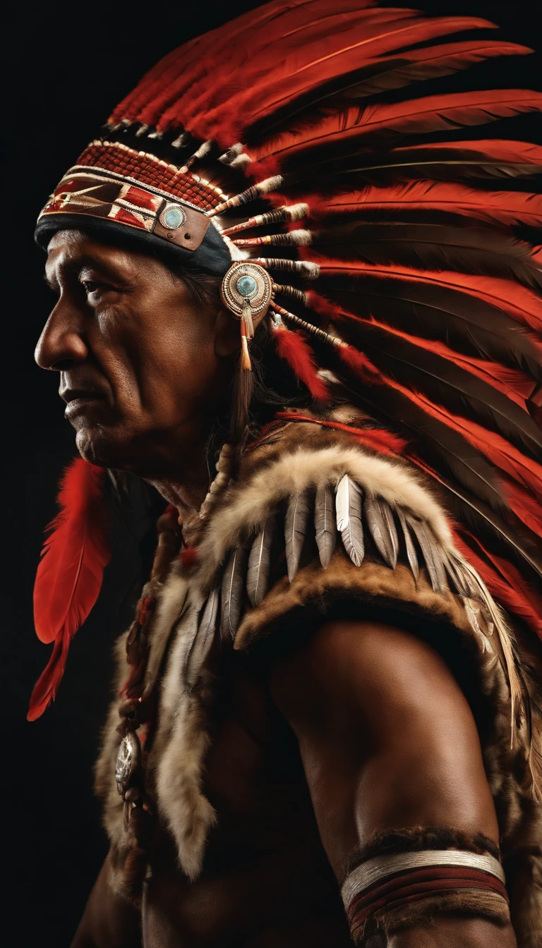 A hyperrealistic cinematic image of a native Indian with feathers on his head, riding horse, Arte nativa americana, Indian warrior, Nativo americano, Guerreiro nativo americano, Arte nativa, Um guerreiro nativo americano, indigenous man, eagle feather, Guerreiro habilidoso do Apache, warrior spirit, american indian headdress, indigenous art: native american shamen fantasy, Indigenous, native american folk art, Fotografia de arte indianarrealista, fotografia, obra-prima, realista, Realismo, renderizado, Alto contraste, digital art photography trend in Artstation 8k HD high definition detailed realistic, detalhado, textura da pele, hiper detalhado, textura de pele realista, armadura, melhor qualidade, ultra-high-resolution (fotografiarrealista: 1.4), alta resolução, detalhado, Calado bruto, sharp red, por lee jeffries Nikon D850 Filme Fotografia de Stock 4 Kodak Portra 400 Lente F1.6 Rich Colors Realistic Texture Dramatic Texture Dramatic Lighting Irrealengine Trend on Artstation Cinestill 800