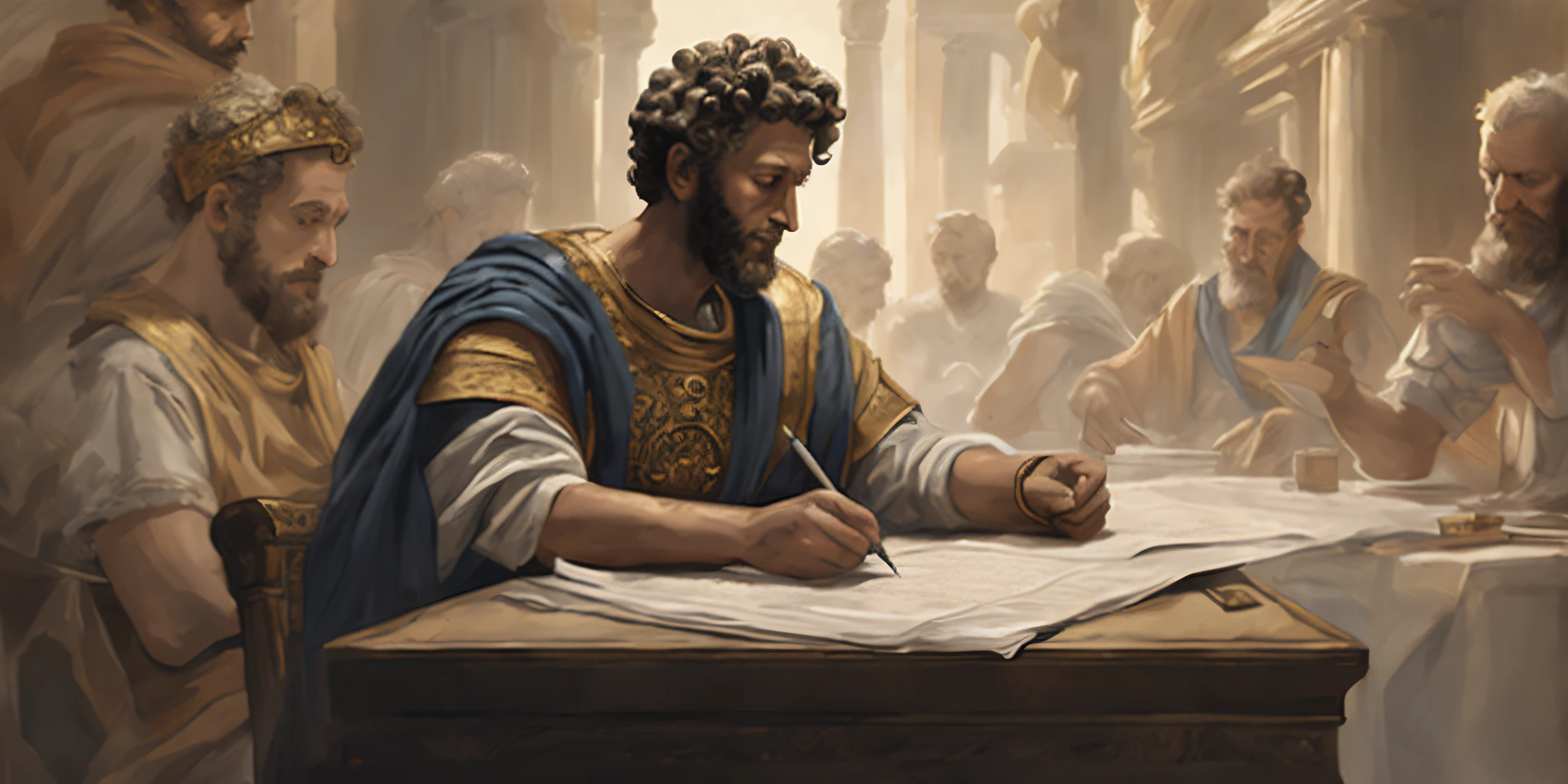 arafed painting of a man writing a letter at a table, jon mcnaughton, academic painting, bible illustration, master illustration, biblical art style, by Kerembeyit, magali villeneuve', by Jason Felix, artstation masterpiece, graphic artist magali villeneuve, by Adam Marczyński, biblical art, by Daniel Seghers
