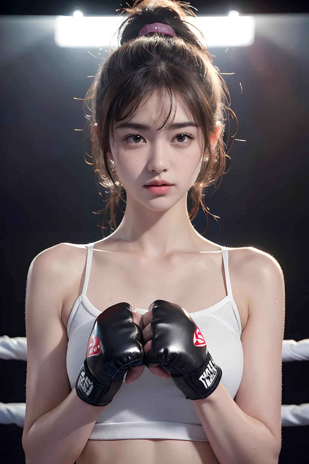 Best Quality, Very elaborate CG Unity 8K wallpapers, boxer, (Photorealsitic:2), 超A high resolution, Highly detailed, A hyper-realistic, 1girl in, (Boxing gloves), Floral pattern,  colourfull_head_hair、(((very_short_head_hair))), Short hair, Full Shot, Looking at Viewer, ((Boxing rings)),  Bright atmosphere, spot light, Detailed background