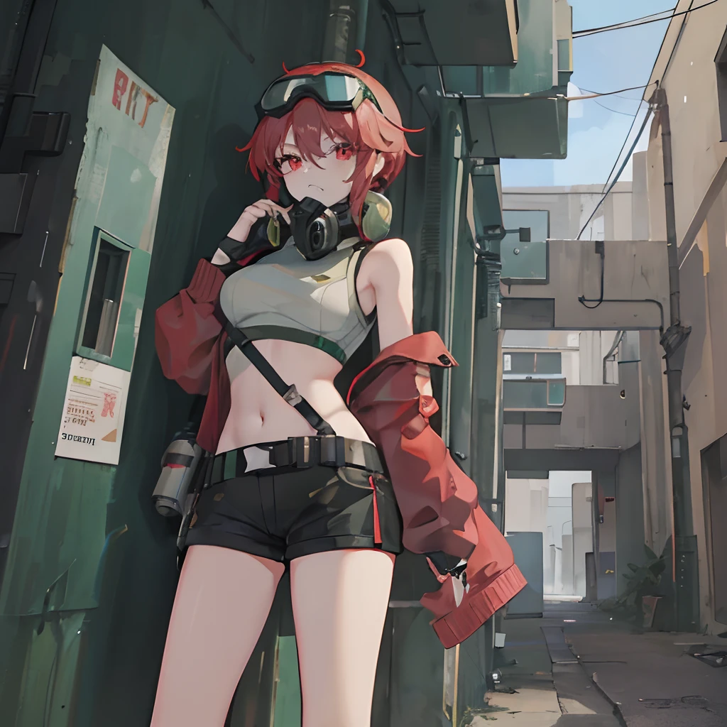 5'6, red eyes, brrown hair that goes to the shoulders, green cropped sweater, short shorts, goggles on head, with a futuristic cyberpunk respirator, in an alley, perfect hands, green Gas sounding them, high quality