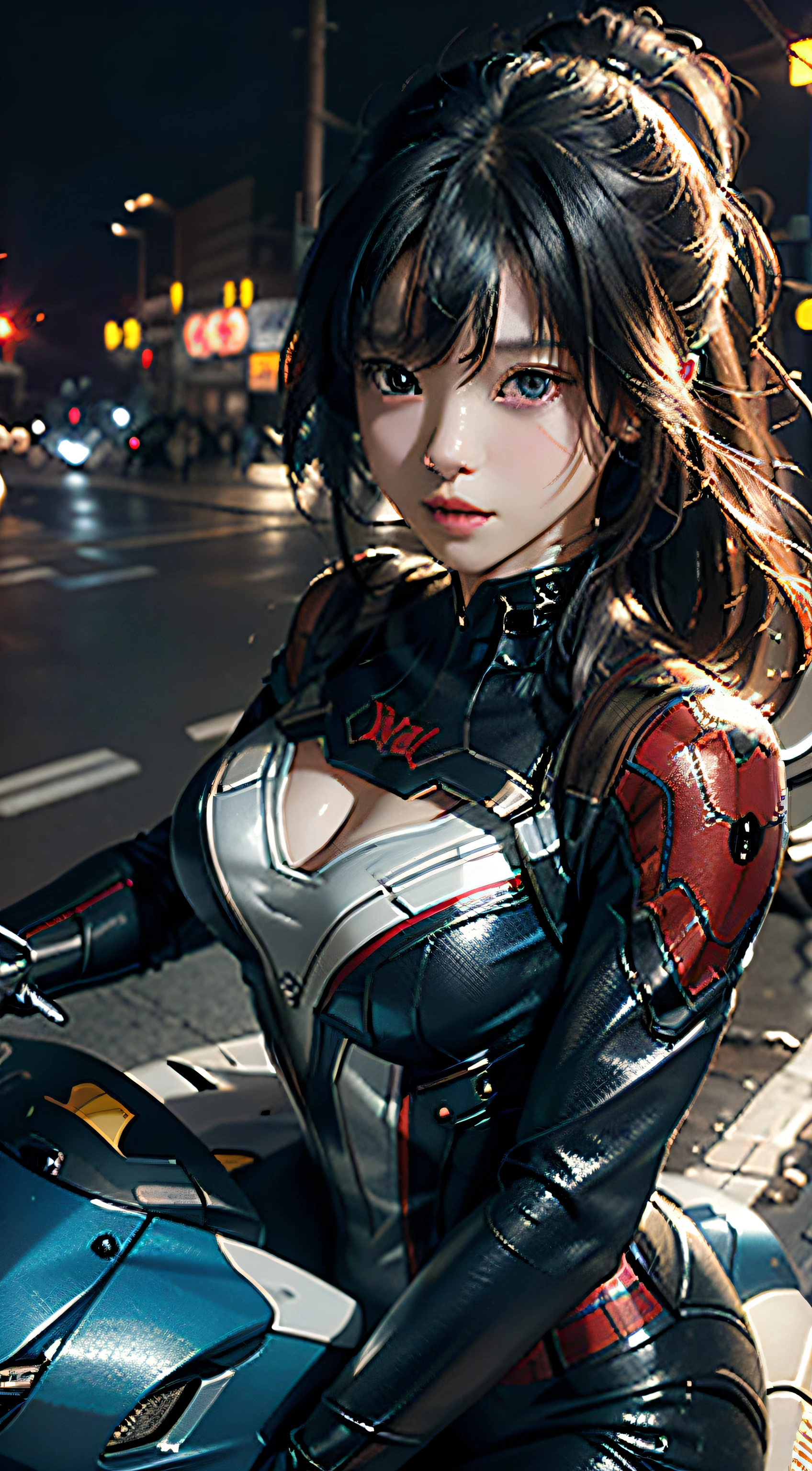 The highest image quality、Exceptional detail、超A high resolution、(真实感:1.4)、The best illustrations、Favor the details、Highly condensed 1girl、delicate and beautiful face、Dressed in blue and yellow mechs、Wearing a mecha helmet、Has a direction controller、Riding a motorcycle、The background is a high-tech lighting scene of a futuristic city。Cute Beautiful Girl、Wearing a Spider-Man suit。