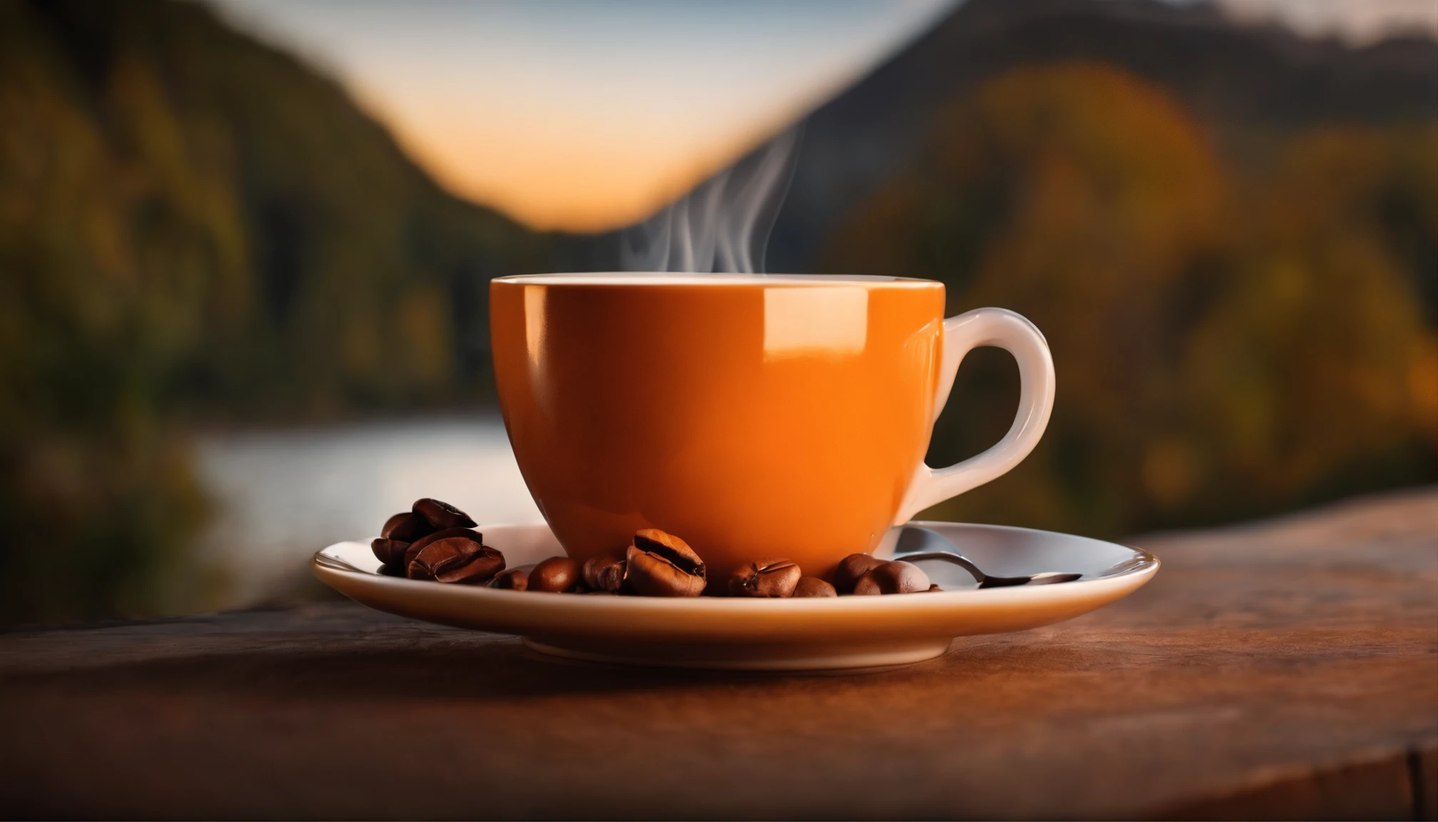 a cup of coffee in the morning, sunrise, pumpkin, blur background, sharpen image