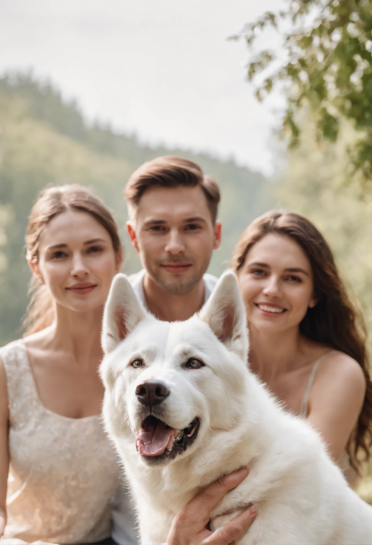 draw a portrait with 3 people and a white husky in the middle of the family members