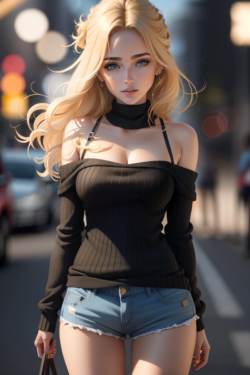 (), Peitos grandes,(master part), best quality, extremamente detalhado, (Aquarela), florescer, delicado e bonito, illustration, (de baixo),(1girl:1.4), (sozinho:1.2), seios grandes, (ribbed sweater:1.3), off-shoulder sweater, (short shorts:1.2), bareshoulders, (Peito Inferior), ((pele escura:0.8)), Olhos bonitos, (cabelos desgrenhados ), fotografia, tiro por cima do ombro, Directed by: Alex Maleev, profissional, Canon Camera, Nikon Camera, Sharp, Bokeh, studio quality, lente olho de peixe, Directed by: Robert Capa ,