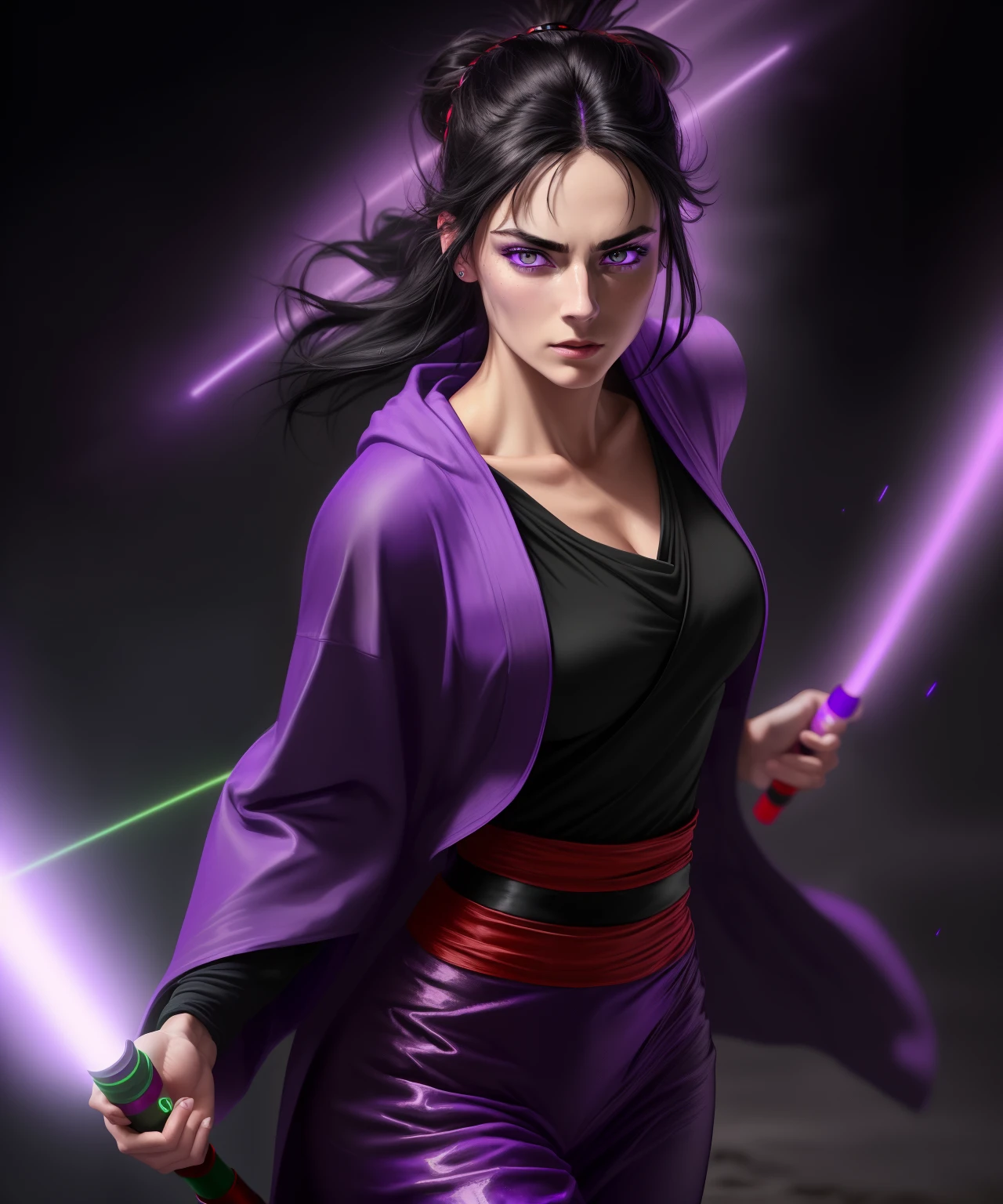 "(best quality,highres,masterpiece:1.2),detailed female Jedi,straight black hair, thin eyebrows,black Jedi robe with red accents,muscular body,motion blur,lightsaber glowing purple in hand,confident stance,colorful purple lightsabers,stoic expression,sharp lighting,tall,green eyes,sophisticated posture,black pants