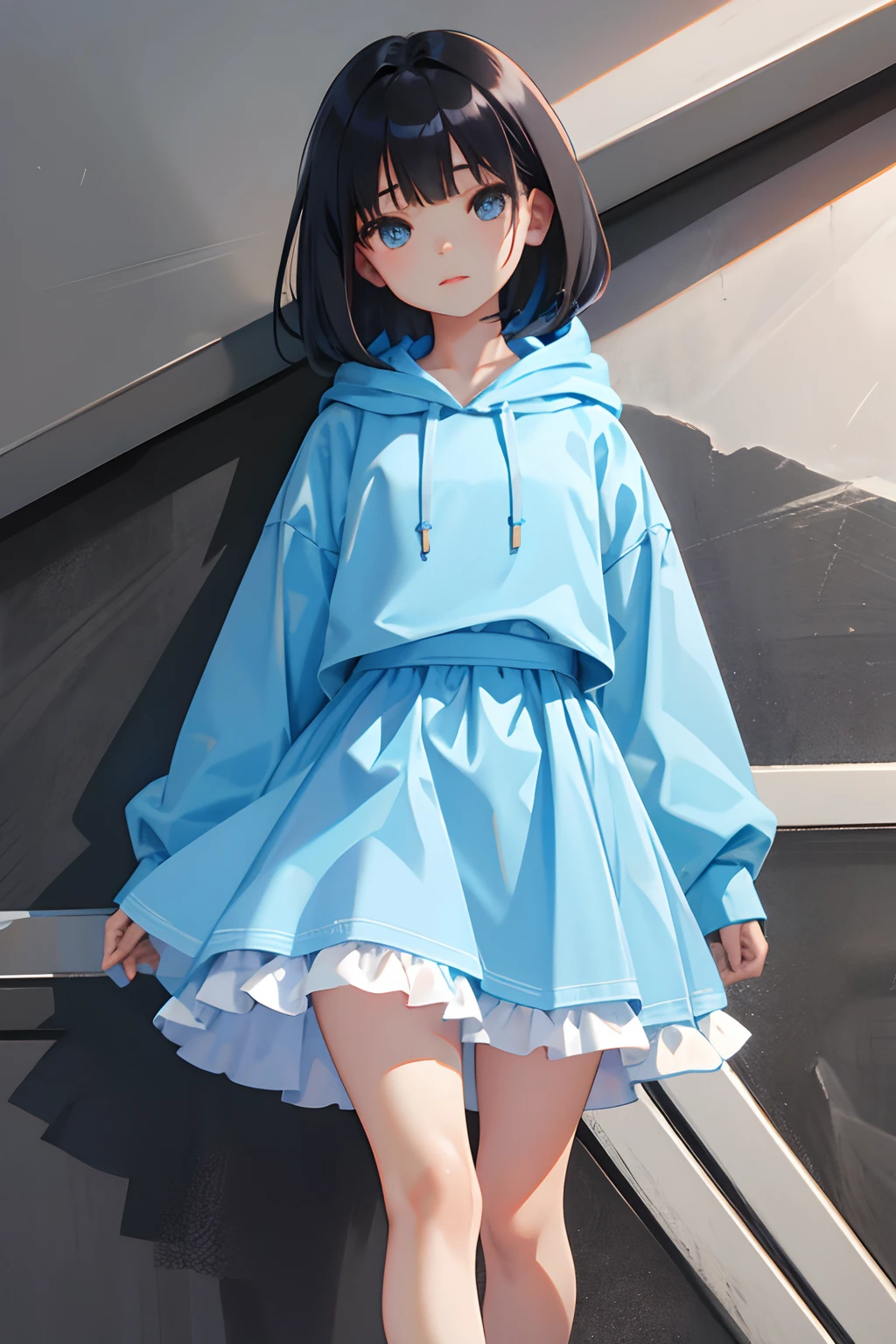 ,(masterpiece,Highest Quality),Light blue hoodie,(bustle skirt),shortsleeves,A dark-haired