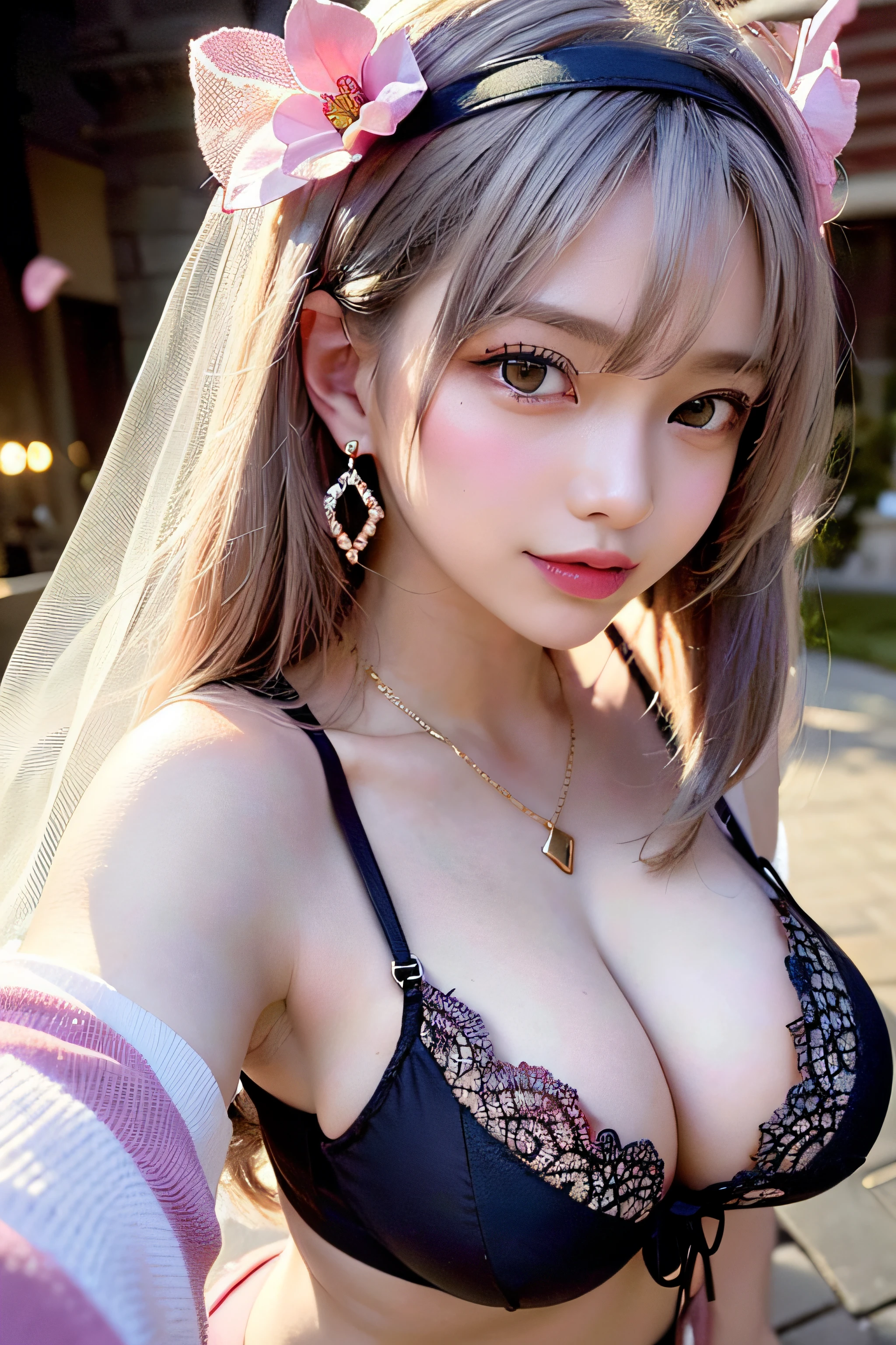 Sexy , Full face， (Slim shoulder straps, Ultra-low-cut top)( Very close view )Women's watches，[Face view] , ((High slit panties))，clothes see-through (((Outdoor paradise))), ((Petals flying in the air ))，Light smile，，camel-toe,(Crystal colorful lights),，Soft clouds，(Cover with a scarf), ((Super short cute pattern cotton coat|no underwares|Slightly perspective ) ((greek architecture，Bohemian architecture，Hindu temples，Thai snacks，Thai style)) starrysky，Beautiful，hips bare，earring，Pink sexy yarn,（(Striped underwear、Black openwork underwear、Transparent embroidered tulle underwear set,Gold bracelets，Pink lace gloves)）Lace pantyhose、Lace gloves、Wedding headscarf、pearls necklace,（ dress）(Very small panties),Moles under eyes, ((Gray-pink hair))，Crystal glowing necklace
（（Masterpiece））,（realisticlying：1.2）,best qualtiy,high high quality,absurderes,rich colourful,stunning art,best qualtiy, ultra - detailed,beautifuldetails， reflective hair,Good lighting, Ray traching， depth of fields,ultra - detailed,illustratio,astounding,finedetail,The is very detailed， （（ultra - detailed））， （Beautiful Meticulous Girl）， Beautiful detail glow， Complicated details， A high resolution， Extremely refined and beautiful,beatiful detailed eyes， hdr， Round eyes, detailedfacialfeatures,（Round pupils：1.4） （illustratio）,（美丽细致的眼睛）（Very very detailed face））， ((depth of fields))((Solid)),（alluring face）(（ssmile：1.3）)， Smiling lips， （looking at viewert：1.1） closeup cleavage， wide wide shot， Side Body， photore， lewd poses ， Moody light， Sistine Phil Beldev, Smile，（（（Masterpiece，Best quality，A high resolution）））），Extremely detailed 8K，Beautiful girl with busty body，（hyper HD，ultra - detailed，High detail，high realistic，Ultra-realistic，Photo realism）,（1girll：1.5）,（realistic dark hair），Short curly hair，Bob cuts hair，（Dynamic posture）,A shallow smile,Open lips，Detailed eyes，Bigchest，(Breast enlargement)
（Beautiful and detailed face，Beautiful and delicate eyes），Sunlight）,（Beautiful buttocks 0.5），Color backlight