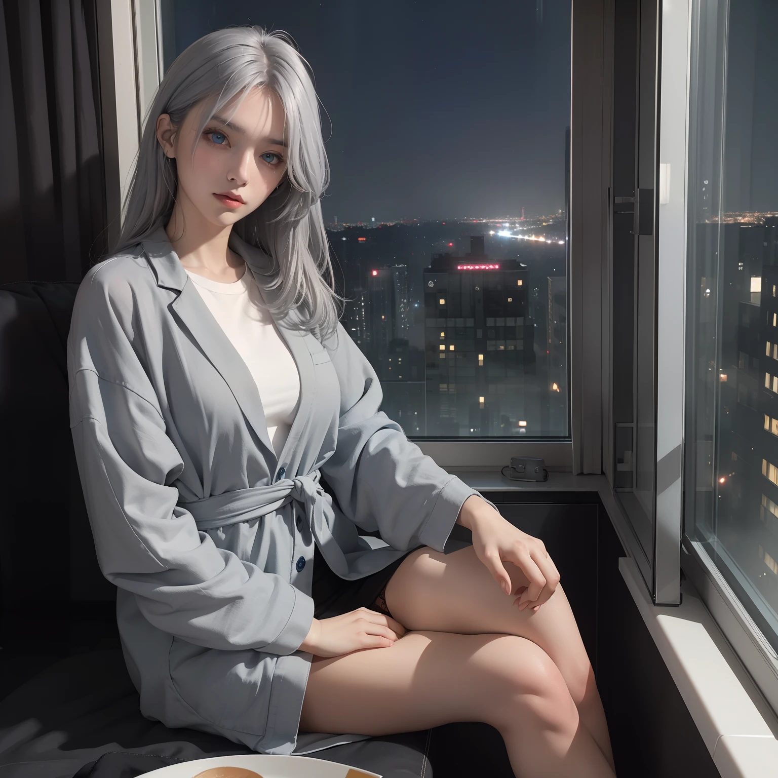 (Masterpiece), Best quality, Cyan eyes, light grey hair, Expressive eyes, Hohaya, Sitting in an apartment room on a high floor, Night sky, City landscape, view the viewer, City lights, window, Highlight, dramatic lights, Calm face,