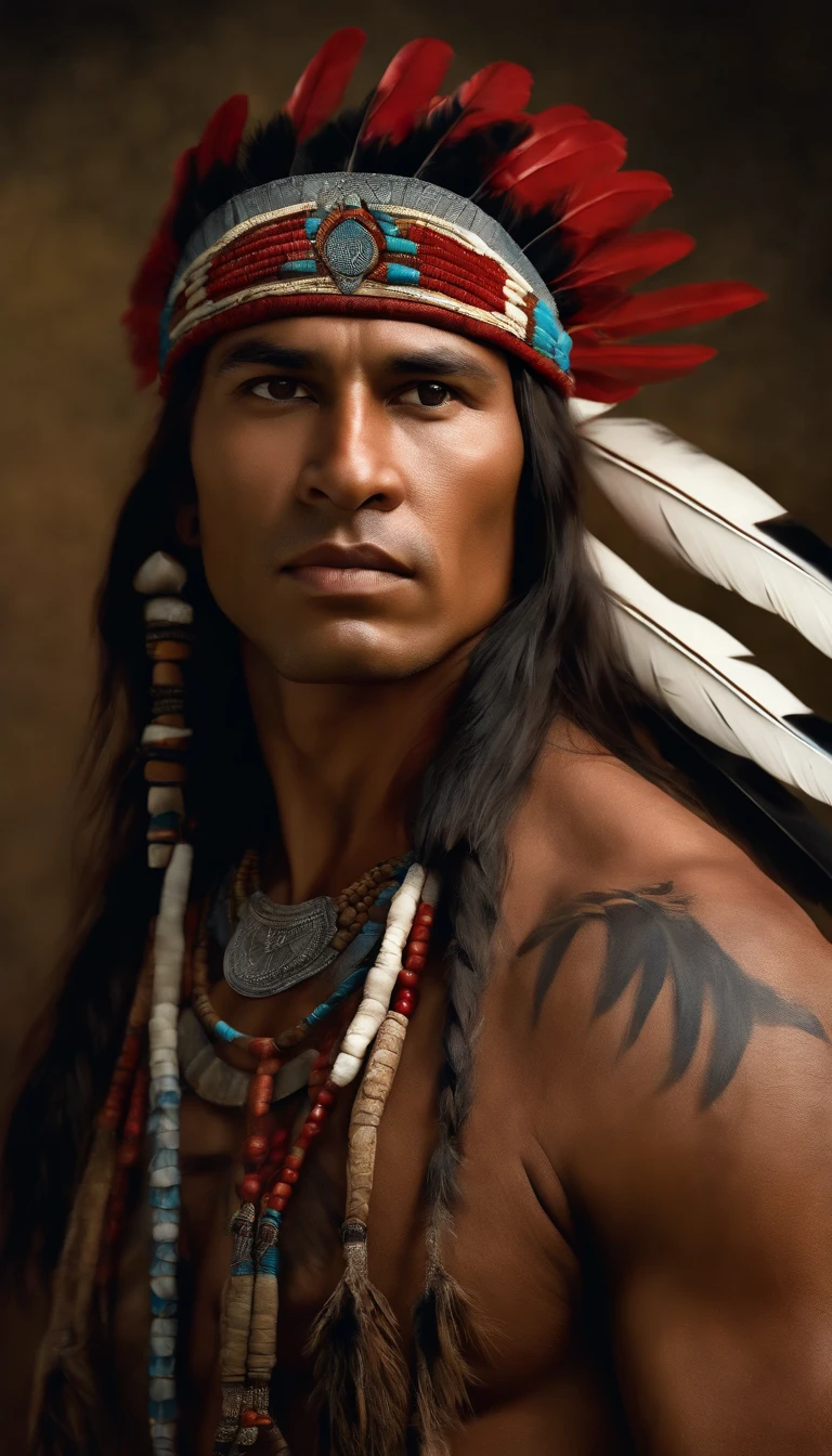 A hyperrealistic cinematic image of a native Indian with feathers on his head, riding horse, Arte nativa americana, Indian warrior, Nativo americano, Guerreiro nativo americano, Arte nativa, Um guerreiro nativo americano, indigenous man, eagle feather, Guerreiro habilidoso do Apache, warrior spirit, american indian headdress, indigenous art: native american shamen fantasy, Indigenous, native american folk art, Fotografia de arte indianarrealista, fotografia, obra-prima, realista, Realismo, renderizado, Alto contraste, digital art photography trend in Artstation 8k HD high definition detailed realistic, detalhado, textura da pele, hiper detalhado, textura de pele realista, armadura, melhor qualidade, ultra-high-resolution (fotografiarrealista: 1.4), alta resolução, detalhado, Calado bruto, sharp red, por lee jeffries Nikon D850 Filme Fotografia de Stock 4 Kodak Portra 400 Lente F1.6 Rich Colors Realistic Texture Dramatic Texture Dramatic Lighting Irrealengine Trend on Artstation Cinestill 800
