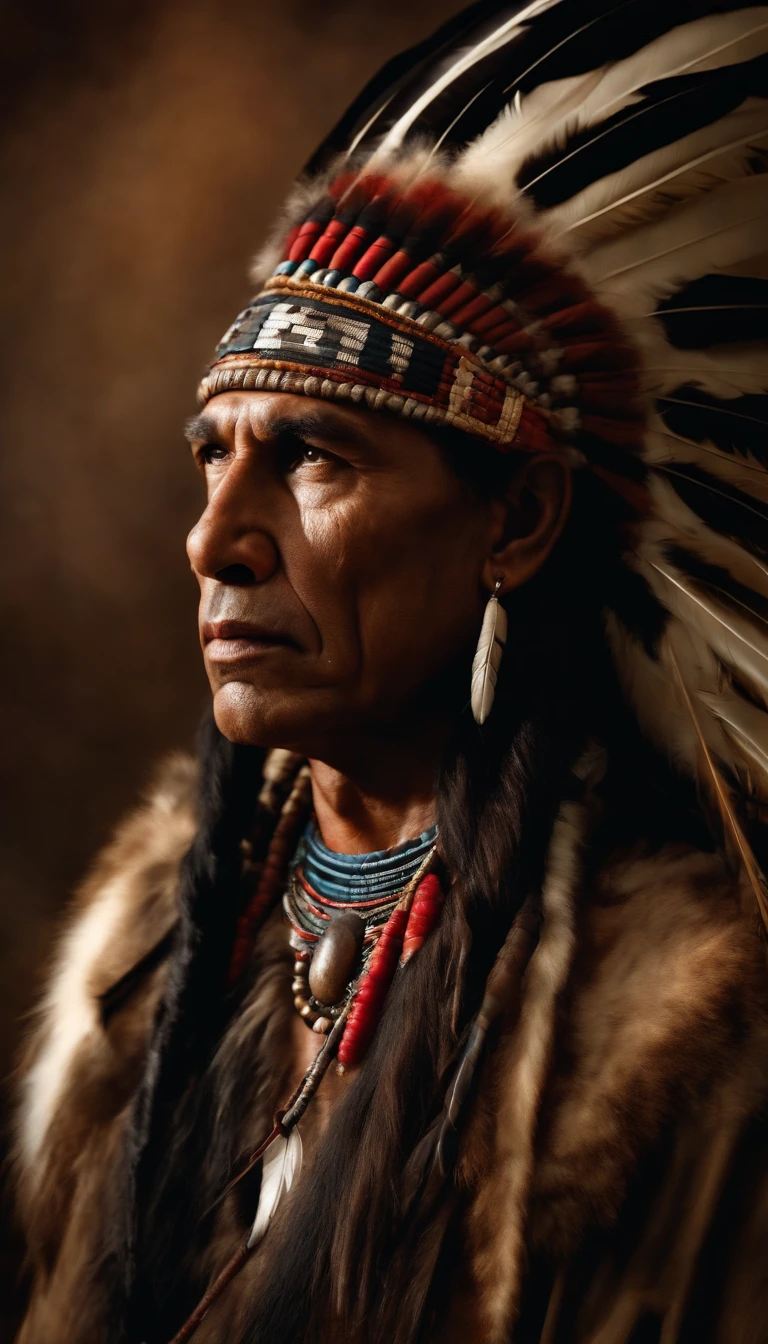 A hyperrealistic cinematic image of a native Indian with feathers on his head, riding horse, Arte nativa americana, Indian warrior, Nativo americano, Guerreiro nativo americano, Arte nativa, Um guerreiro nativo americano, indigenous man, eagle feather, Guerreiro habilidoso do Apache, warrior spirit, american indian headdress, indigenous art: native american shamen fantasy, Indigenous, native american folk art, Fotografia de arte indianarrealista, fotografia, obra-prima, realista, Realismo, renderizado, Alto contraste, digital art photography trend in Artstation 8k HD high definition detailed realistic, detalhado, textura da pele, hiper detalhado, textura de pele realista, armadura, melhor qualidade, ultra-high-resolution (fotografiarrealista: 1.4), alta resolução, detalhado, Calado bruto, sharp red, por lee jeffries Nikon D850 Filme Fotografia de Stock 4 Kodak Portra 400 Lente F1.6 Rich Colors Realistic Texture Dramatic Texture Dramatic Lighting Irrealengine Trend on Artstation Cinestill 800