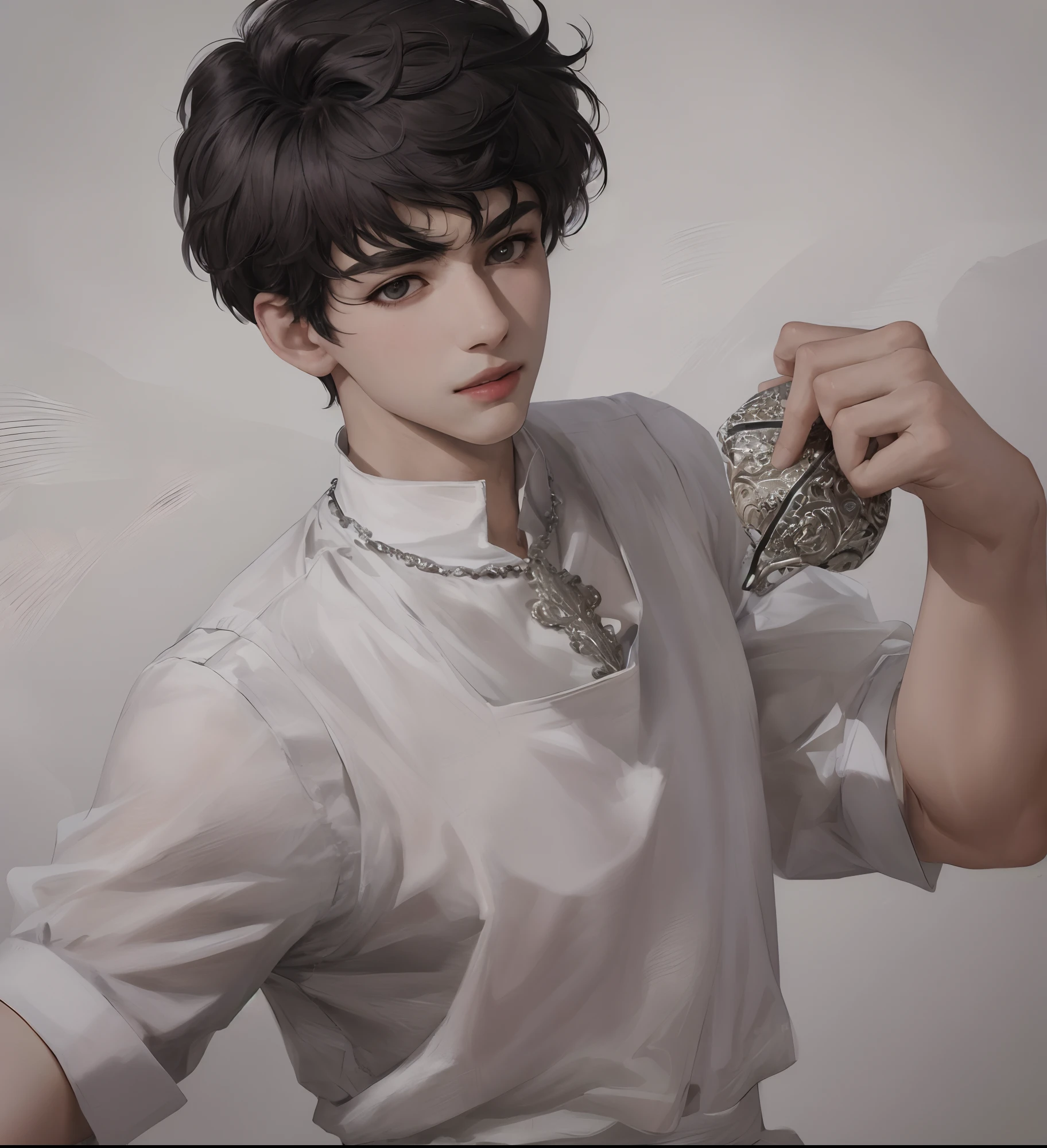 Masterpiece: 1.2, Best Quality), Realism, (Real Pictures, Intricate Details, Depth of Field), (Boy, Solo), Makeup, Lip Parting, High Detail, Perfect Face, (Gray Medium Distribution Type: 1.4), (Skindentation), Black Eyes, (Boy Playing Basketball, White Bib Pants), Silver Necklace, Black Clothes