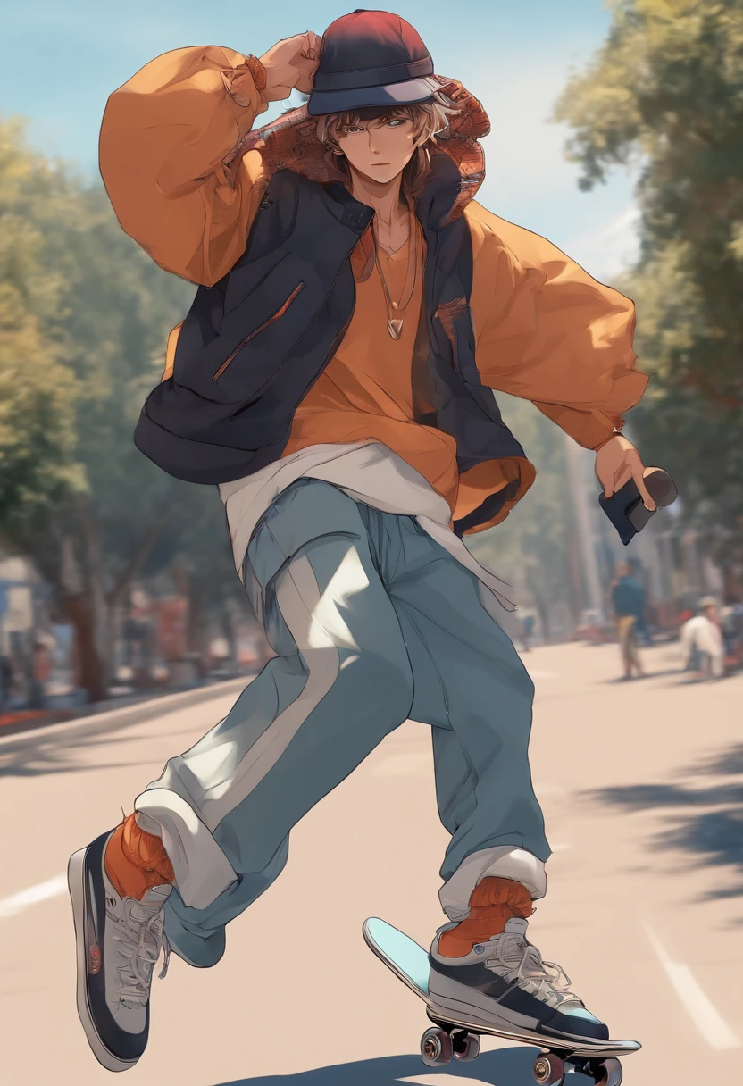 Anime skater man with baggy clothes, high quality, detailed, dynamic pose wearing a hat