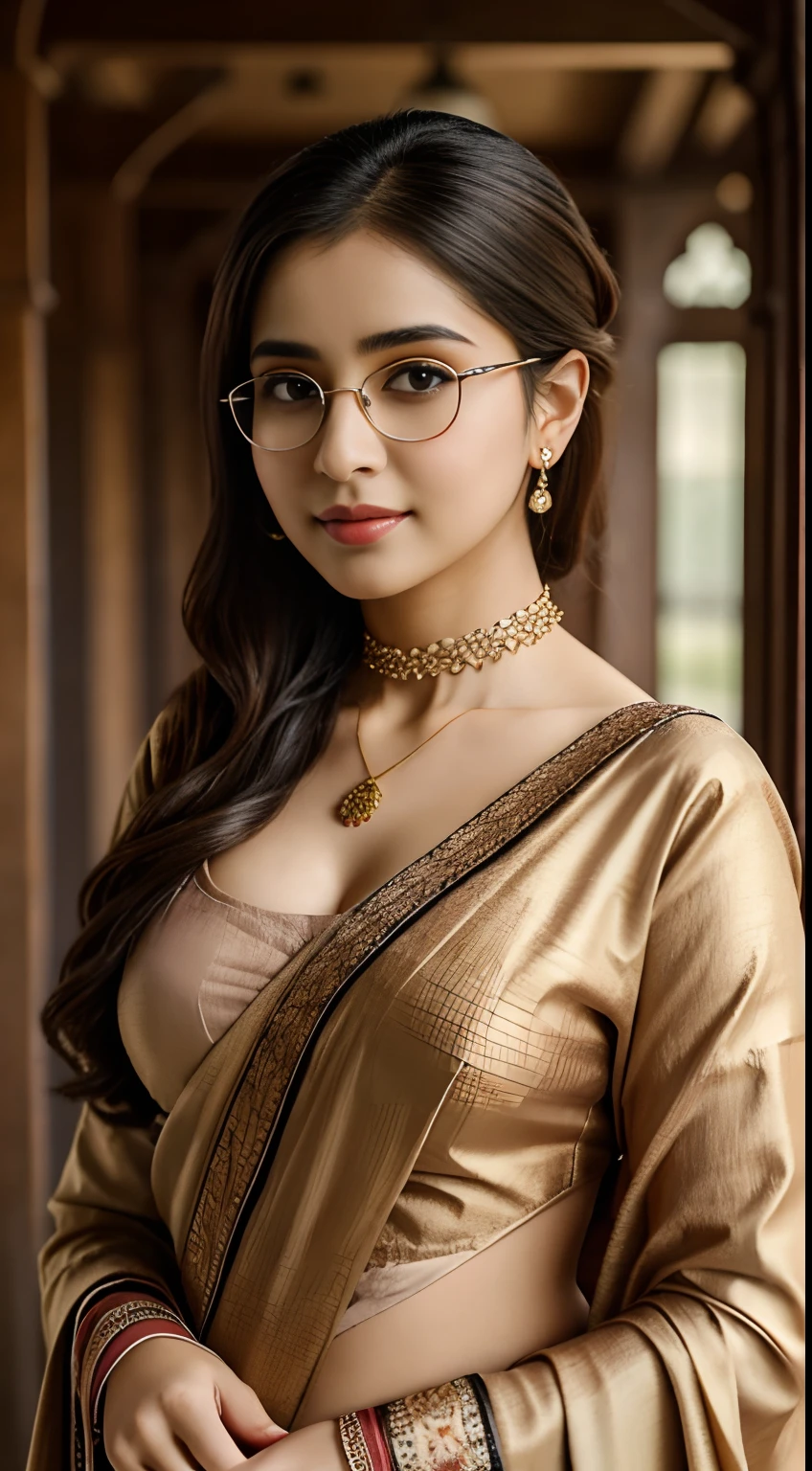 (iu:0.8),cleavage, RAW, Best quality, high resolution, Masterpiece: 1.3, Beautiful glasses hijabi scottish girl wearing rustic saree, Masterpiece, Soft smile, choker