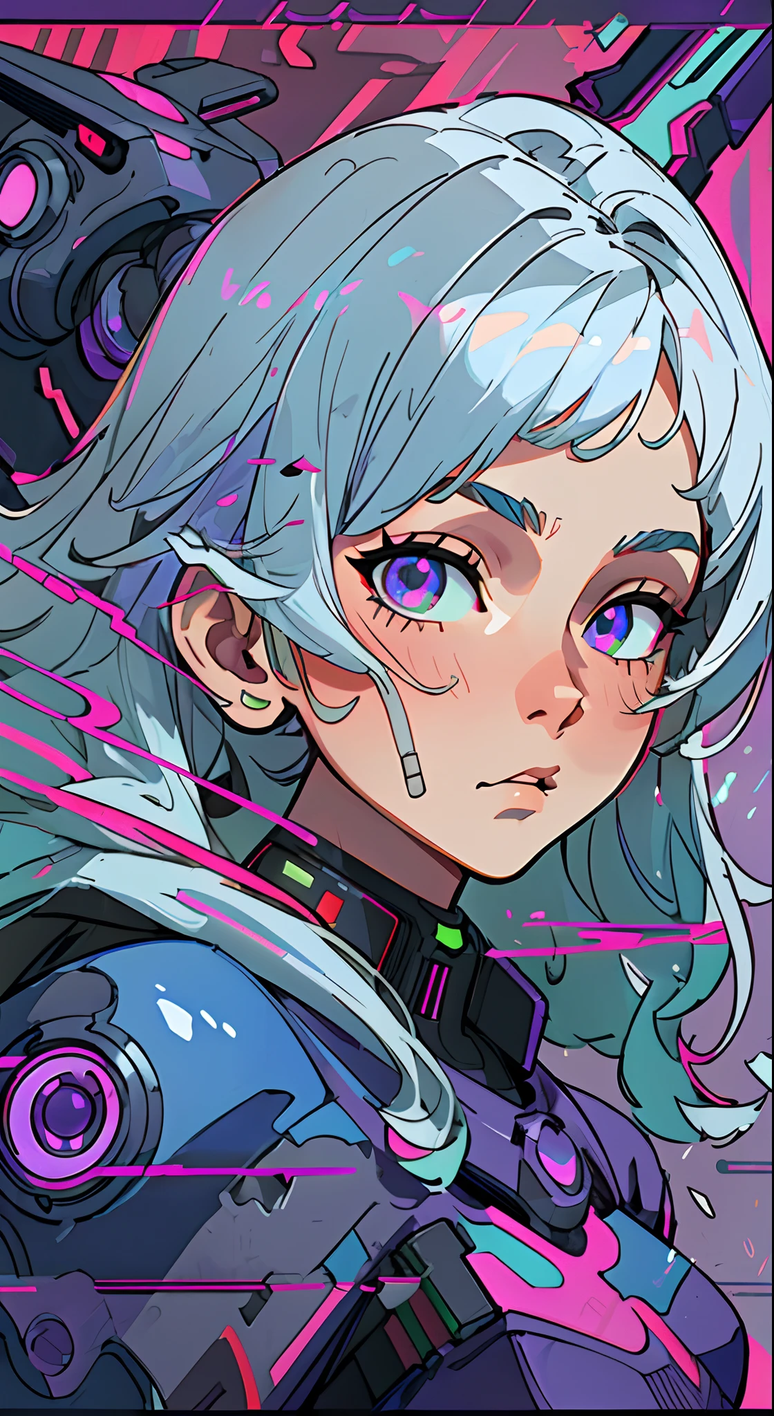 (Extremely detailed CG unity 8k wallpaper, masterpiece, best quality, super detailed), (best lighting, best shadow, extremely refined and beautiful), floating, dynamic angle, (1girl), (cyberpunk style, neon), (red: 1.3 + purple + green: 1.2+ Blue: 0.9) hair, (Cyberpunk outfit: 1.3), metallic silver accessories, glowing eyes, high resolution, 3D art, Unreal Engine 5 style, clear lines, good facial features, blue-purple gradient eyes