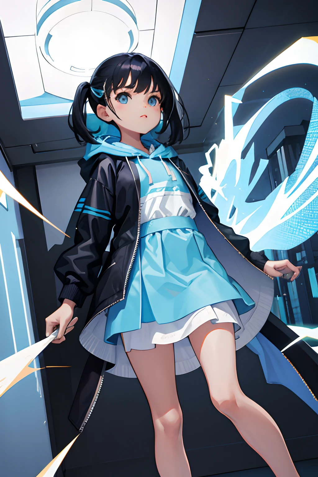 ，（​masterpiece，Highest Quality），Light blue hoodie，(bustle skirt)，shortsleeves，A dark-haired