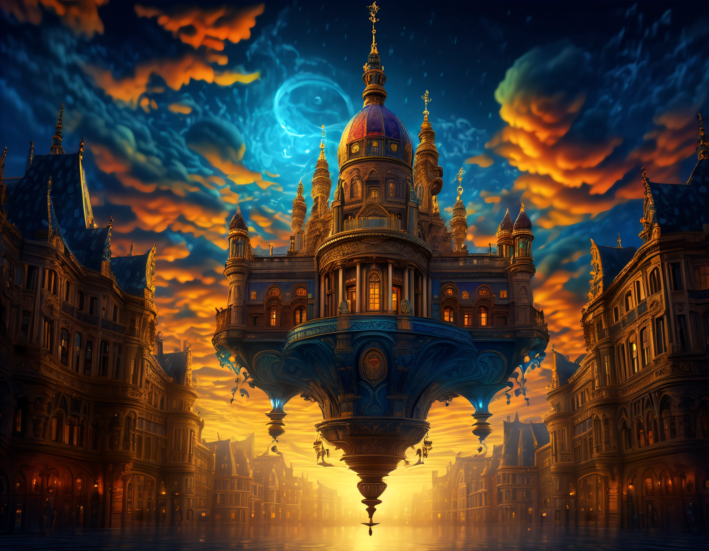 believe in dreams of magic academy, beyond the time light, aerial landscape background, grandiose and stately atmosphere, filigree object, dreamy rain of be seen dimly, chromatic aberration, chiaroscuro, every detail meticulously rendered, from below view, negative space, blue hour, extremely incredibly detailed, (((intricate insane details:1.3))), (((mesmerizing and visually diverse rendering of rich colors:1.4))), exuding a sense of sophistication and maturity of stunning landscape illustration, (((incredibly detailed:1.3))),