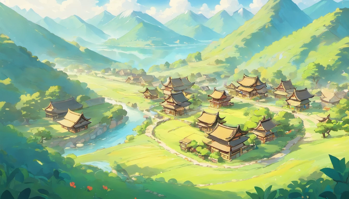 Imagine a Zhuang tribe with mountains and rivers and villages，There are a small number of small houses，Tranquility and healing