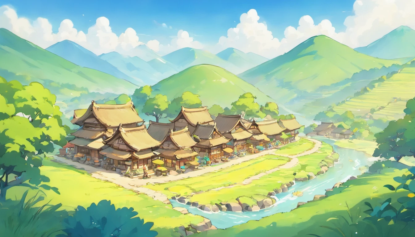 Imagine a Zhuang tribe with mountains and rivers and villages,There are a small number of small houses,Tranquility and healing