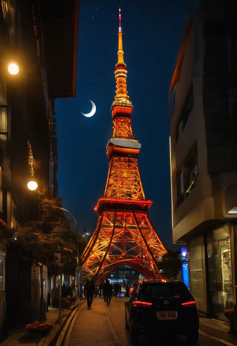 ((Tokyo Tower))Giant crescent moon、(((halloween night))),high-level image quality、raw、Standing at Tokyo Skytree、nighttime scene、Milky Way Galaxy、Andromeda Nebula、tokyo streets、Flowing Lines of Light、Meteor swarm、((Approach to the Moon))