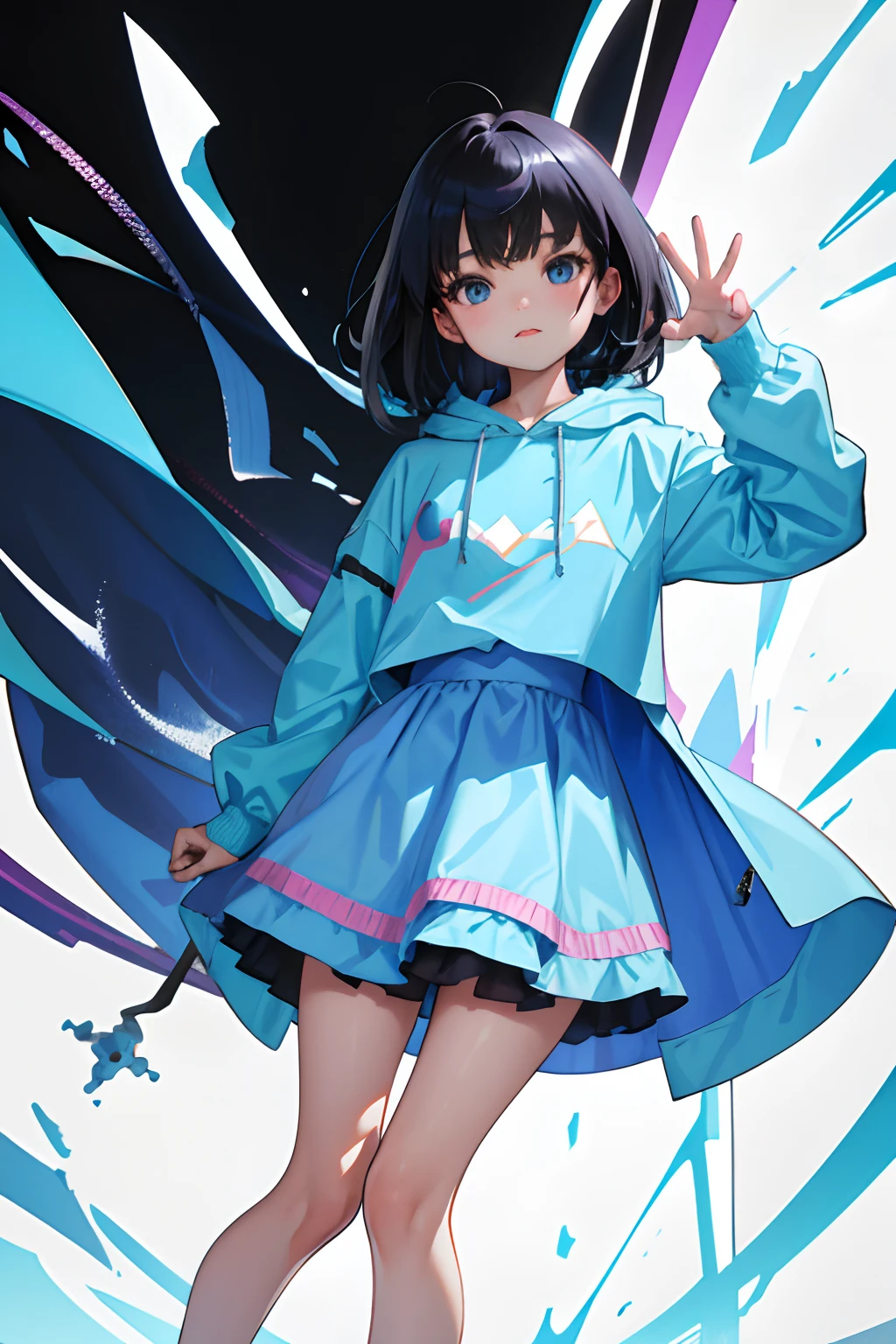 ,(masterpiece,Highest Quality),Light blue hoodie,(bustle skirt),shortsleeves,A dark-haired