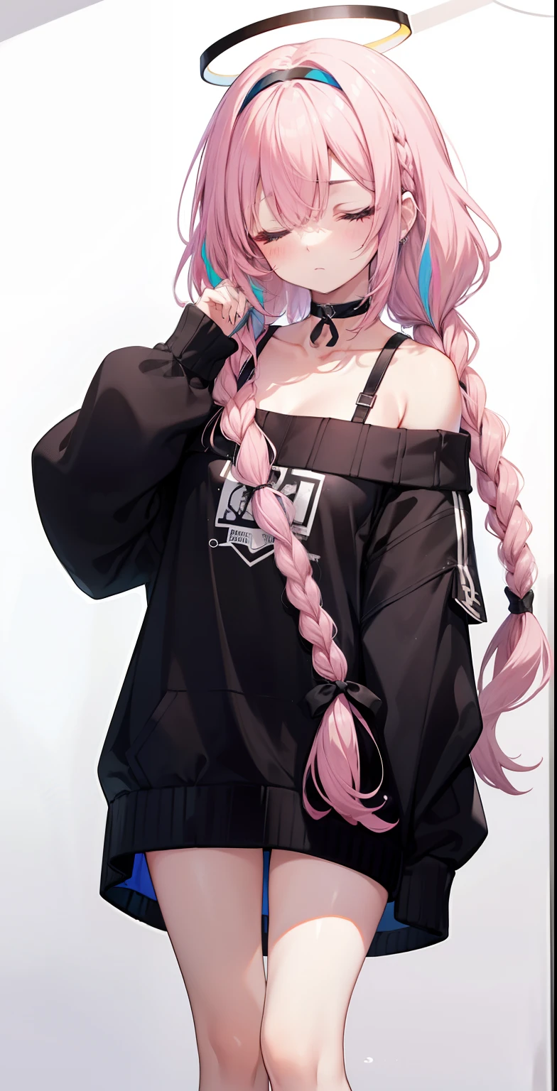 1girl, alternative costume, arona \(blue file\), bangs, bare thick legs, bare big thighs, bare shoulders, black choker, black hairband, black sweater, ((eyes closed from sleep)), blush, braid, choker, collarbone, colored inner hair, hair over one eye, (large chest), hair ribbon, hair band, halo, long hair, long sleeves, looking at viewer, multicolored hair, off-shoulder sweater, off-shoulder , pink hair, single braid, standing alone, sweater, Wariza, white background, white hair, arms raised, ((very sleepy))