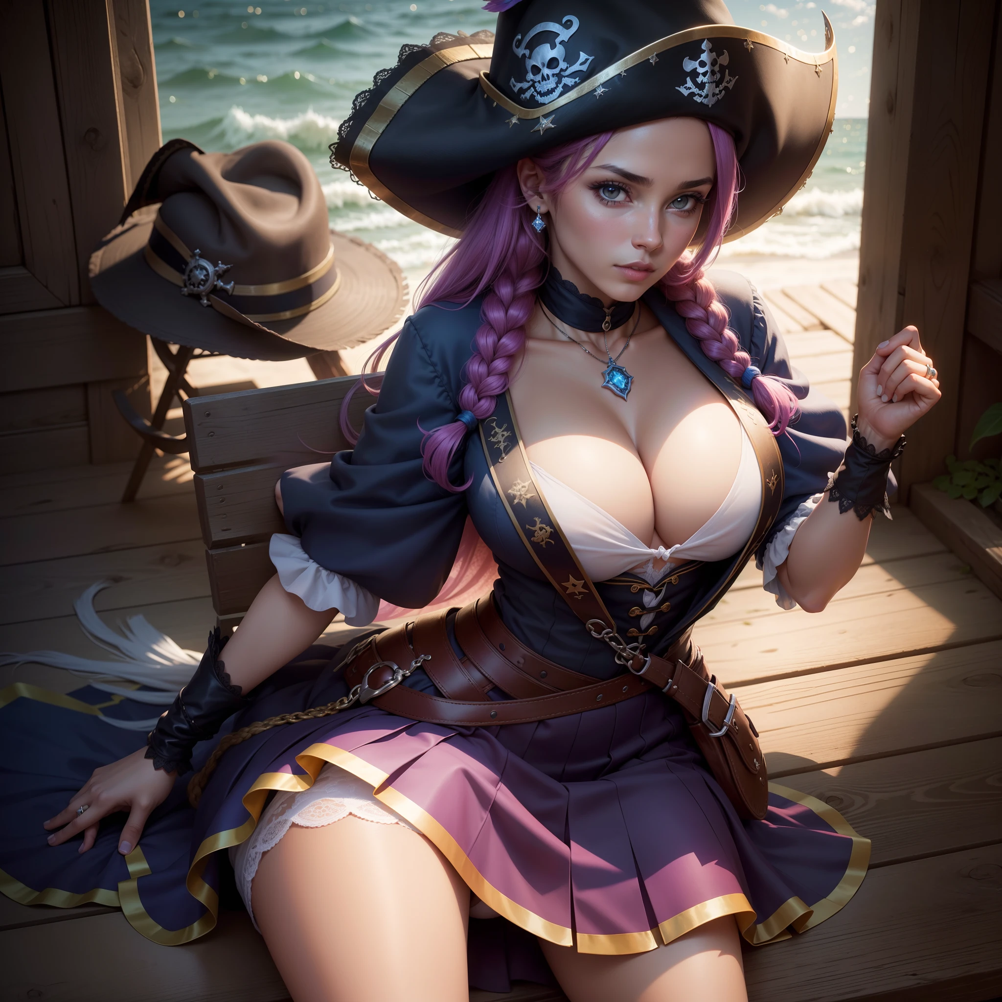 Bela, obra prima, extremamente detalhado, melhor qualidade, best ilumination, melhor sombra, 1 girl, rainbow colors, dynamic posts, mundo de fantasia, Jewelry and decorations, peitos grandes, bunda grande, corpo inteiro, vestido longo, 4k, Ultra Detalhado, hands in a pocket, de cima, floresta, starly sky, roupa de pirata, Pirate hat, tapa olho, papagaio, inclinando pra frente, with your hands on your chest, sitting with her legs spread towards the viewer, NAVIO, Marz, cabelo azul
