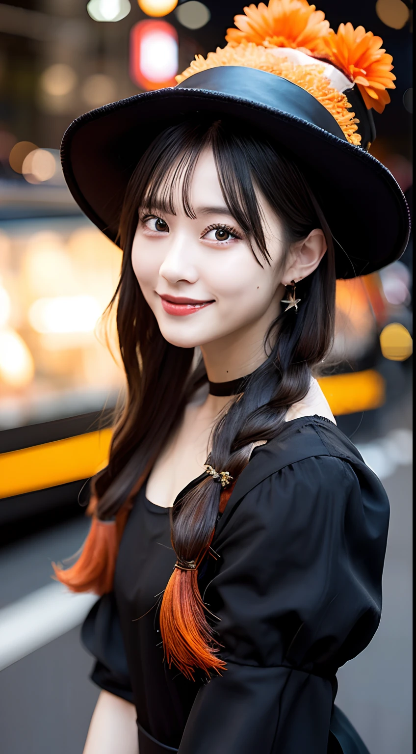 high quality, best quality, masterpiece, extremely fine and beautiful and detailed, professional photograph, appropriate lighting,
extremely beautiful girl, beautiful face, face tattoo,
halloween costume, black short dress, black witch hat, orange accessories,
smile, laughing, blushed cheeks, (slender, pale skin,:0.8)
very straight medium hair with single braid,
(bokeh, dynamic angle, city, on street, midnight, Shibuya,:0.8)