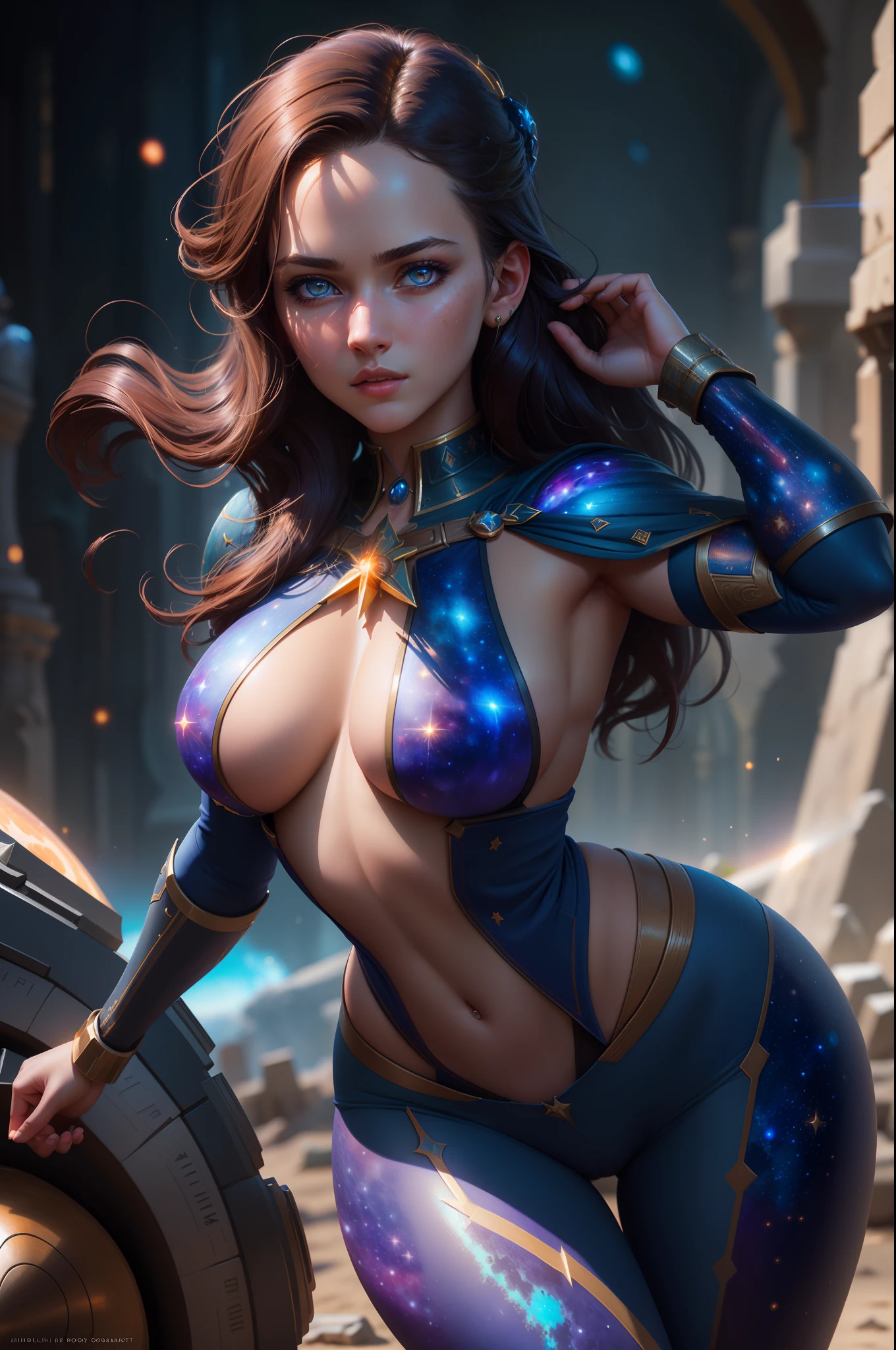 Highly detailed RAW color Photo, beautiful young girl, dynamic pose, (wide hips), (detailed skin), (detailed lips), (detailed eyes), (cosmic:1.4), (necropolis:1.1), (Sci-Fi setting) (detailed face), (curvy), detailed eyes, chromatic aberration, depth of field, soft lighting, masterpiece, best quality, intricate, (lens flare:0.7), (bloom:0.7), particle effects, raytracing, tone mapped, highly detailed, concept art, smooth, sharp focus, dramatic lighting, highly detailed artwork, cinematic, hyper realistic painting, trending on Artstation, 8K, incredible shadows, realistic, (highly detailed background:1.2), art by midjourney