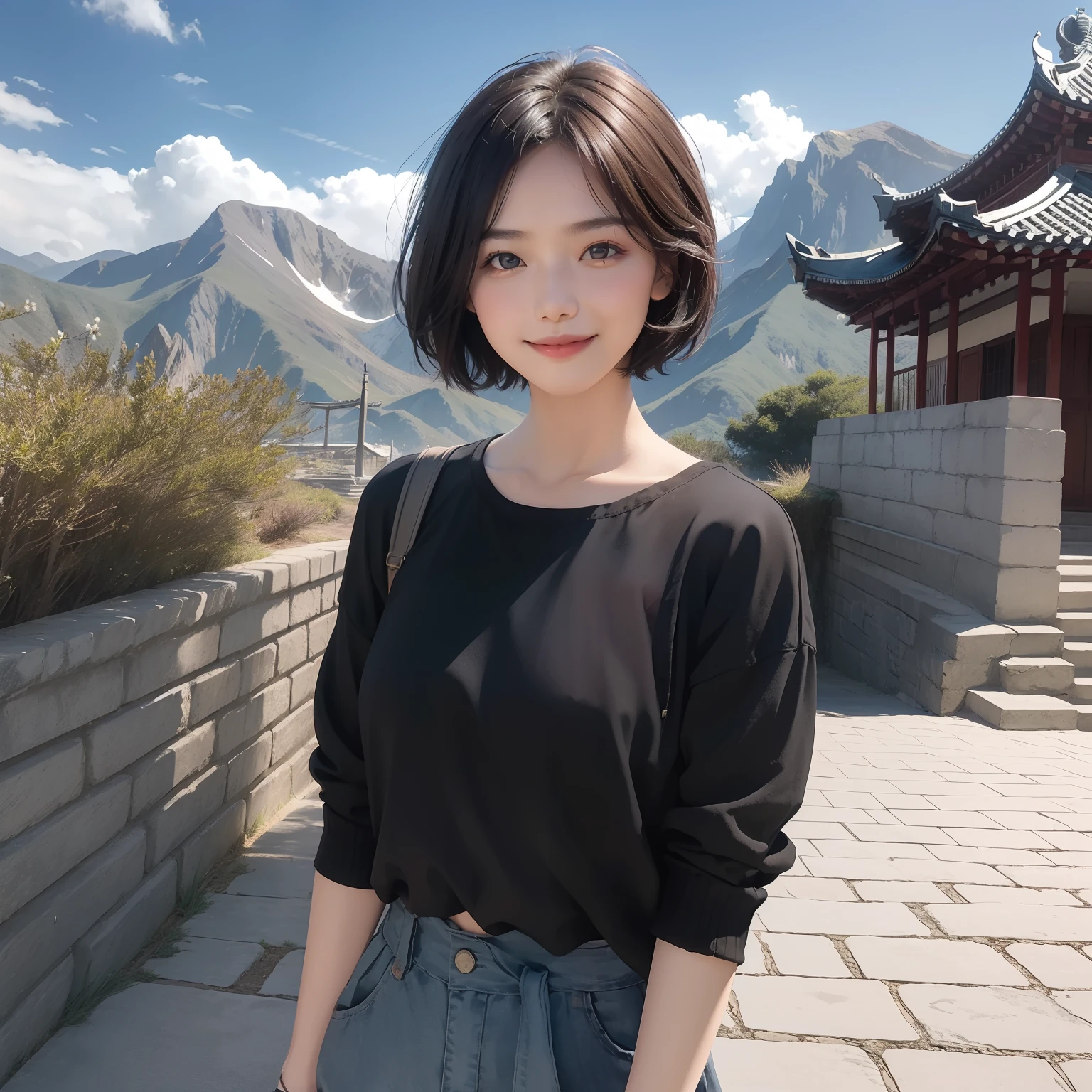 keqingdef, Upper body, Smile, Blush, Outdoors, day, Simple background, Blue sky, Short hair, sky, Temple, view the viewer, stairways, Mountain, Moody lighting, facingviewer,