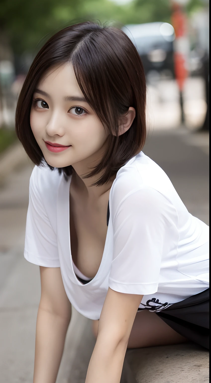 downbrouse、(leaning-forward:1.3)、(oversize tshirt、Loose-fitting T-shirt、Low Cut T-Shirt:1.2)、(top-quality、8K、32K、masterpiece)、(Detailed bra)、japanes、22year old、Very pretty girl、large full breasts、a beauty girl、crouching down、Bright smile、outside of house、shinny skin、blurry backround、short-cut、Upper body close-up、Shot from above