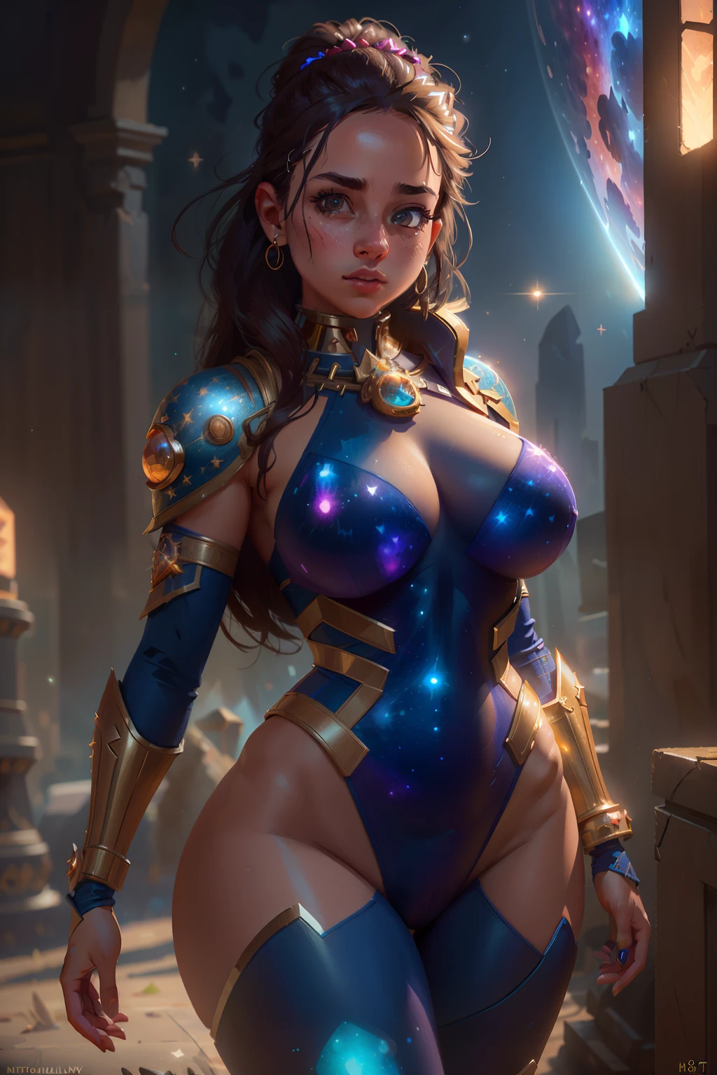 Highly detailed RAW color Photo, beautiful young girl, dynamic pose, (wide hips), (detailed skin), (detailed lips), (detailed eyes), (cosmic:1.4), (necropolis:1.1), (Sci-Fi setting) (detailed face), (curvy), detailed eyes, chromatic aberration, depth of field, soft lighting, masterpiece, best quality, intricate, (lens flare:0.7), (bloom:0.7), particle effects, raytracing, tone mapped, highly detailed, concept art, smooth, sharp focus, dramatic lighting, highly detailed artwork, cinematic, hyper realistic painting, trending on Artstation, 8K, incredible shadows, realistic, (highly detailed background:1.2), art by midjourney