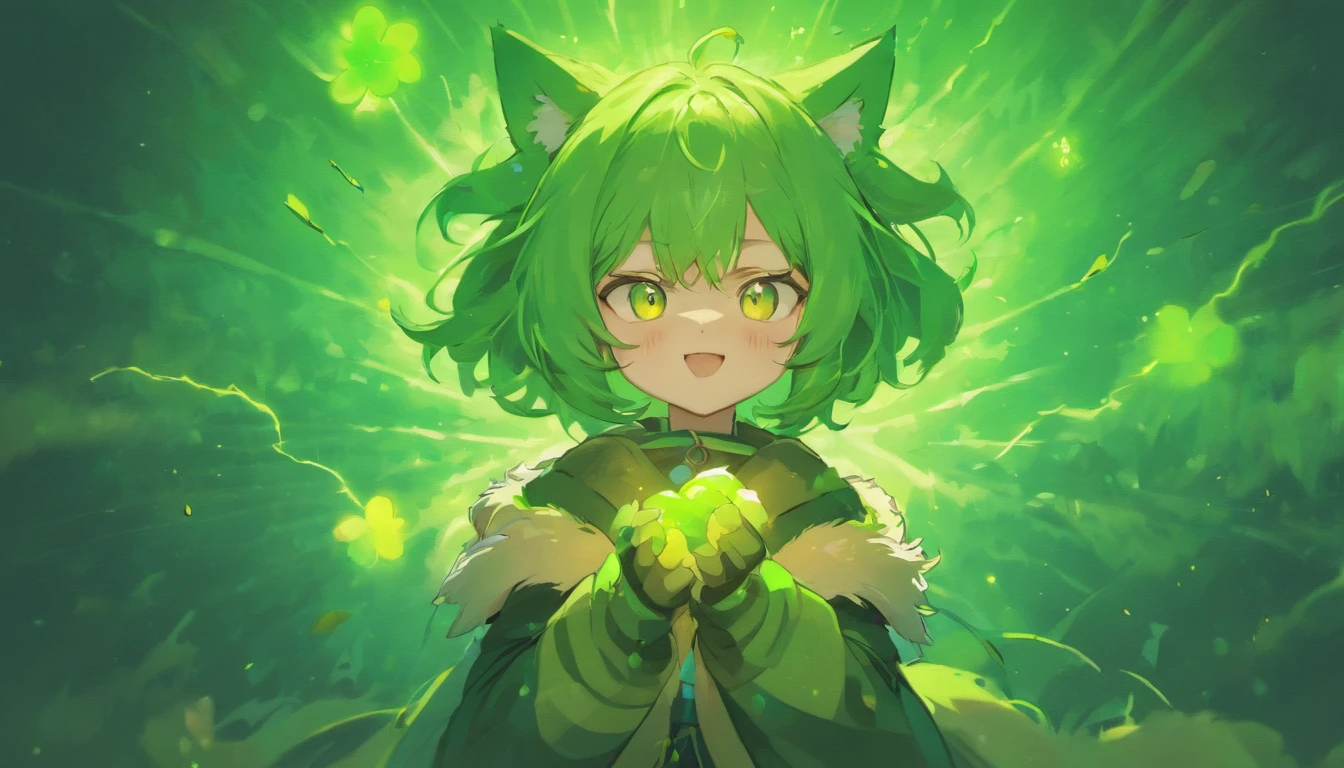 (ambiente dark:0.8),Masterpiece,High quality,abstract res,Digital painting\(artwork of a\), by Dagasi, Yupa,Kiyosan,(anthro,Fluffy fur,Character focus:1.1) eyes with brightness,Super cute face, in a panoramic view, Character focus,(detailedbackground:0.7), 独奏, shaggy, Hairy male, Male focus, anthr,(Full Body Furry, Fluffy tail, Yellow fur, Cyan eyes,Blue and yellow cute beast too,There is a blush on the face,A blue-white gradient of lightning is on the right arm,There is a green four-leaf clover overhead,